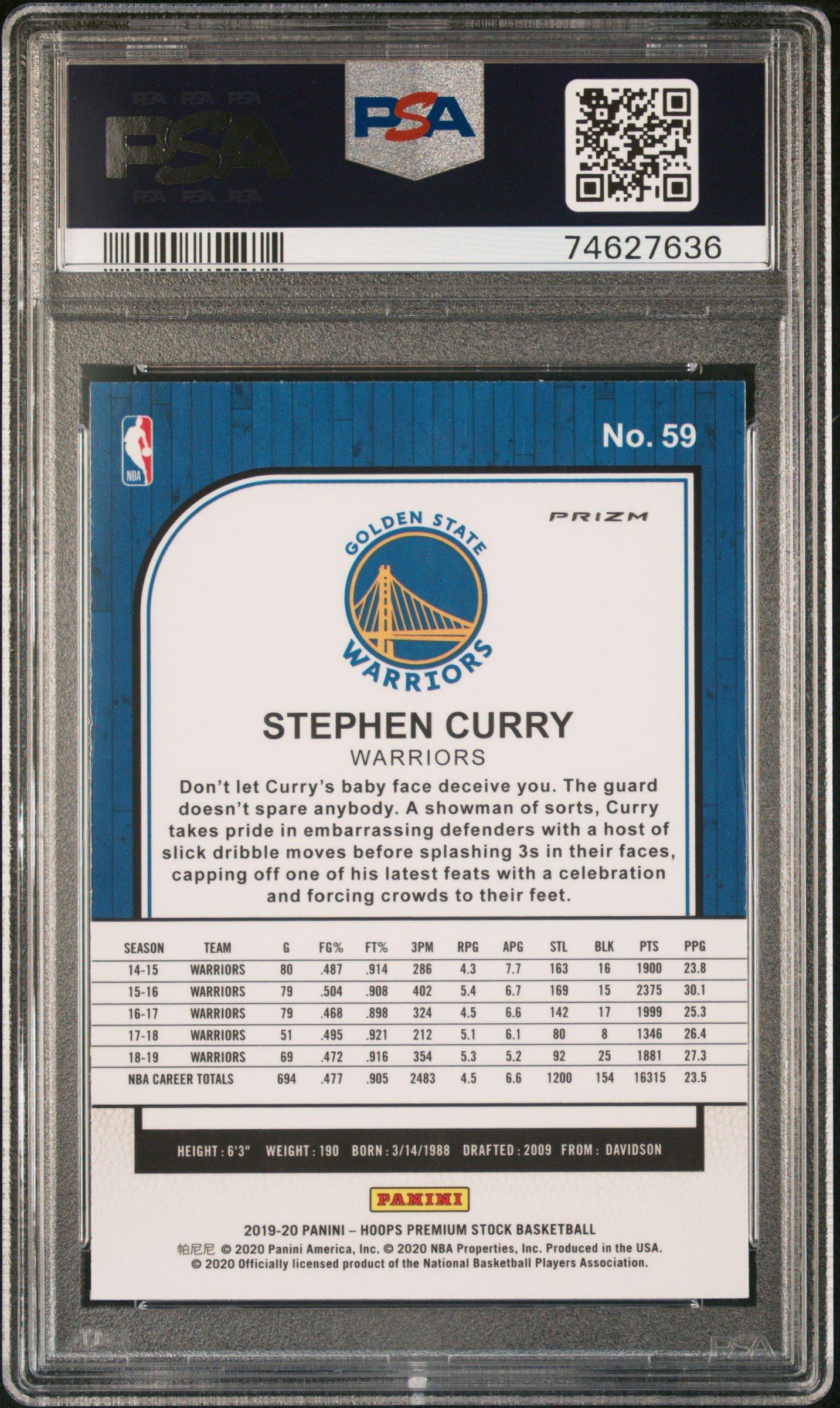 2019 Panini Hoops Premium Stock 59 Stephen Curry Purple Disco PSA 10