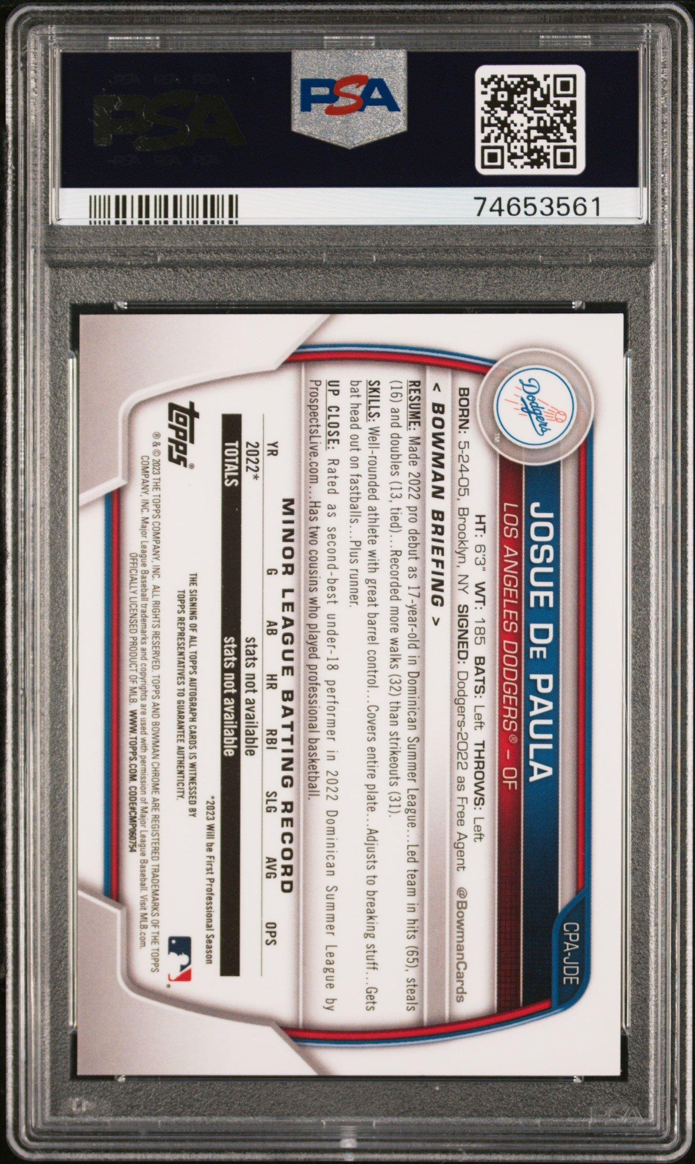 2023 Bowman Chrome Prospect Autographs Cpajde Josue De Paula PSA