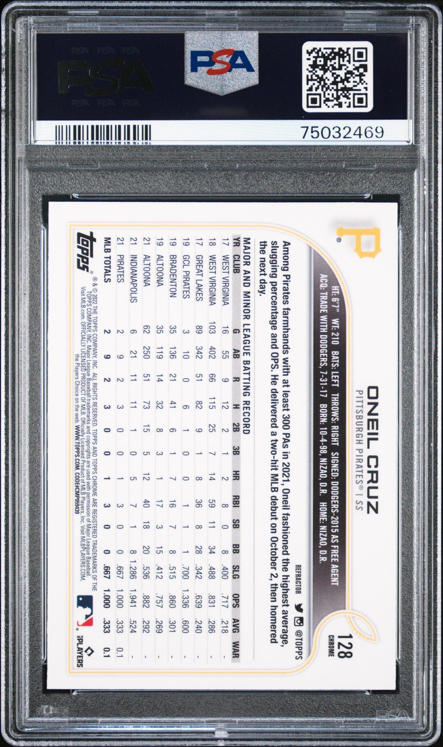 2022 Topps Chrome Sonic 128 Oneil Cruz Refractor PSA 10
