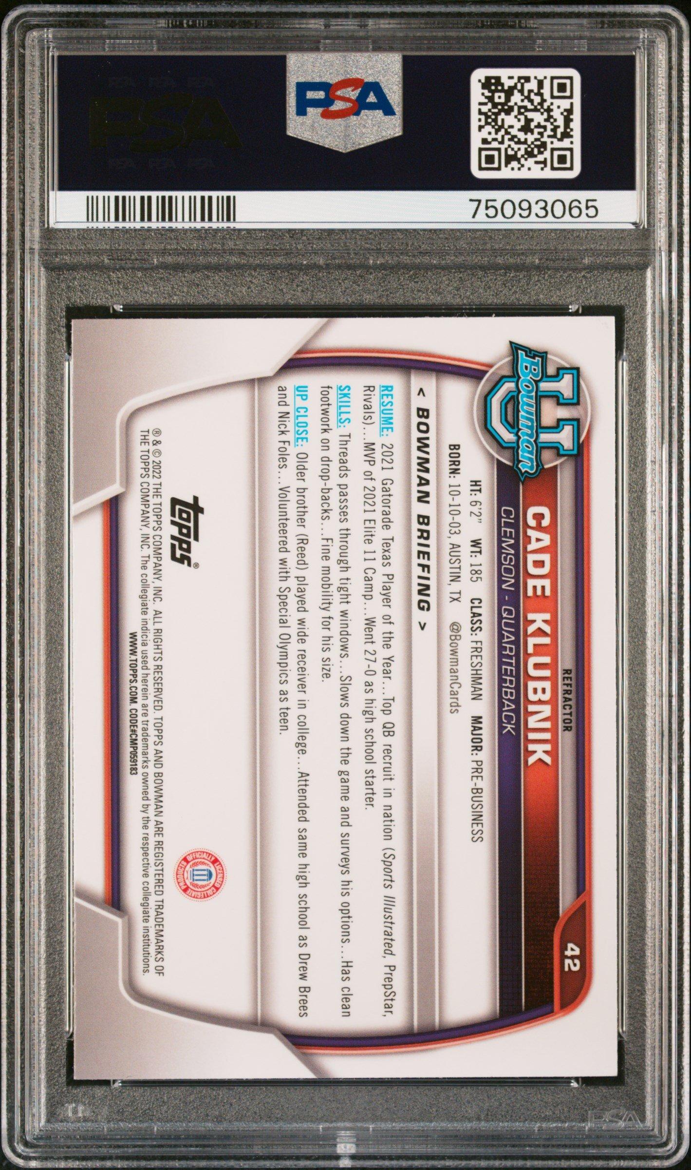 2022 Bowman University Chrome Prospects 42 Cade Klubnik Refractor PSA 10