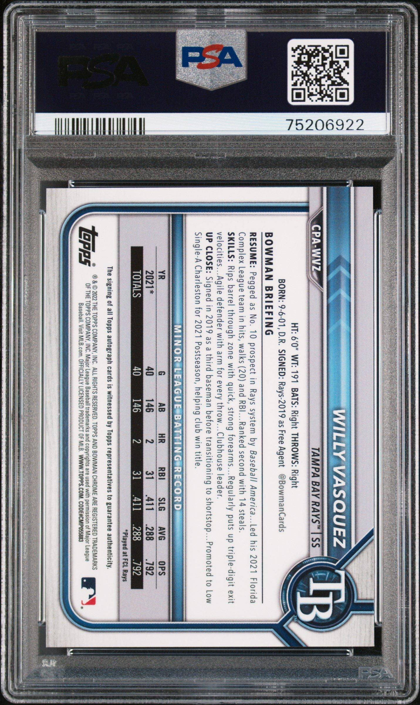 2022 Bowman Chrome Prospect Autographs Cpawvz Willy Vasquez Atomic Refractor PSA 10