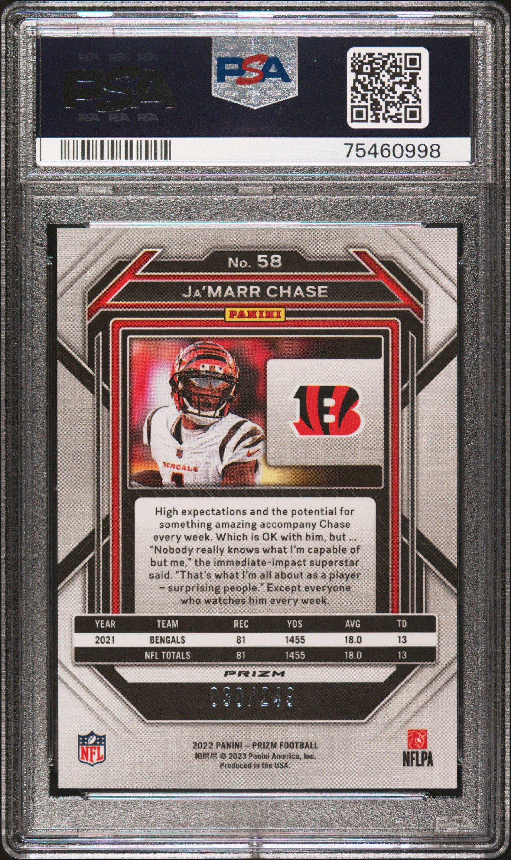 2022 Panini Prizm 58 Ja'marr Chase Orange Prizm PSA
