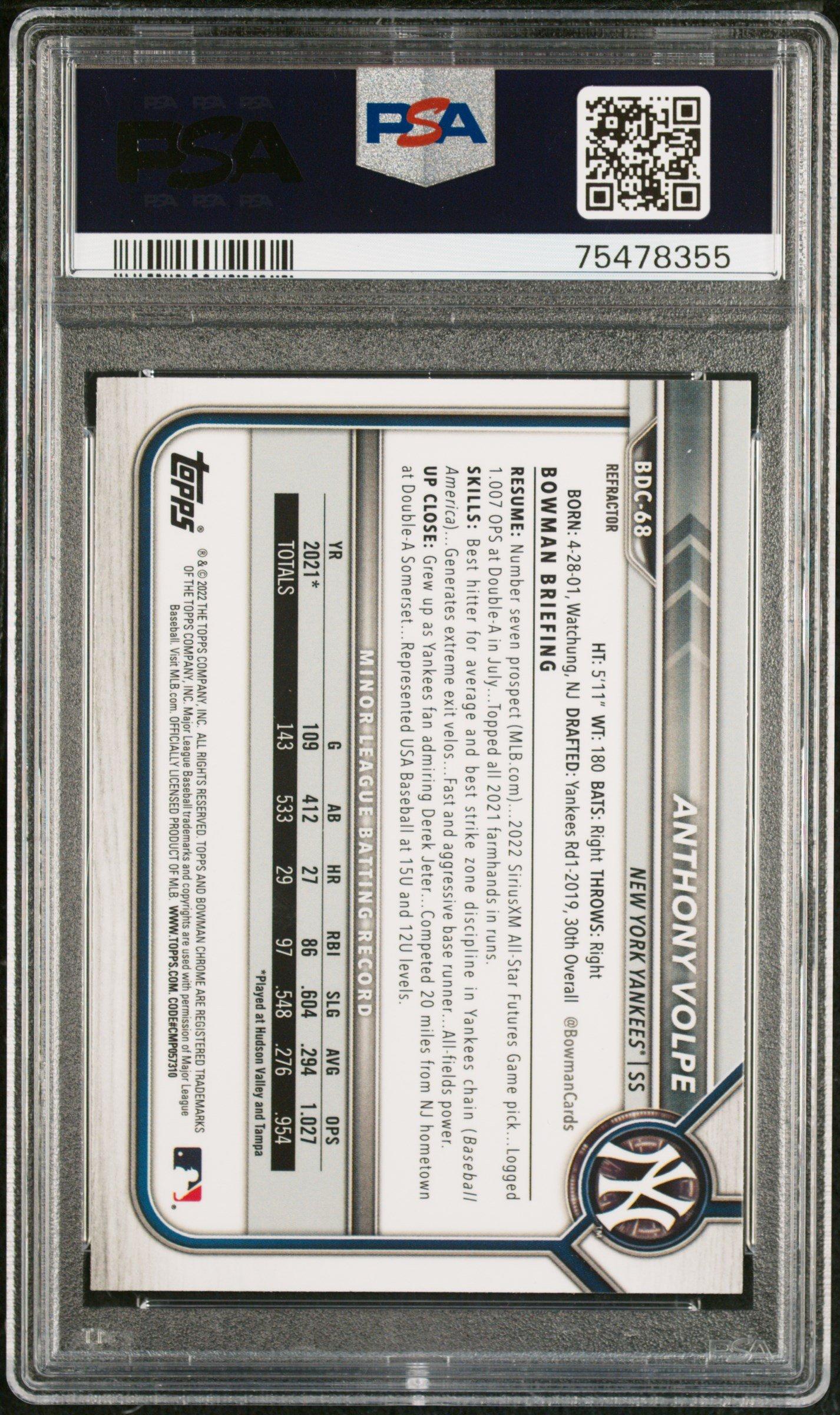 2022 Bowman Draft Bdc68 Anthony Volpe Chrome-refractor PSA 10