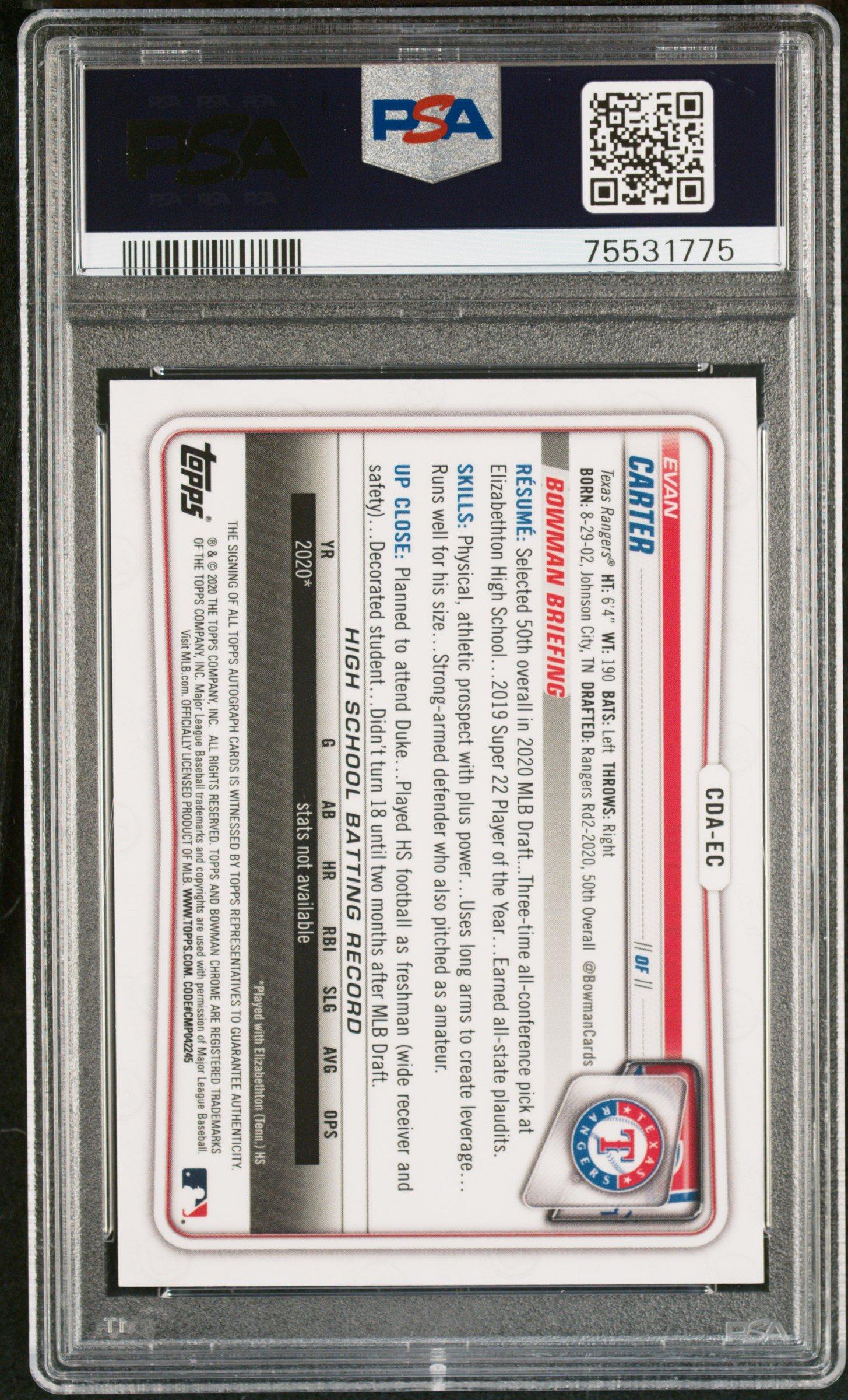 2020 Bowman Draft Chrome Draft Picks Autographs Cdaec Evan Carter PSA 10