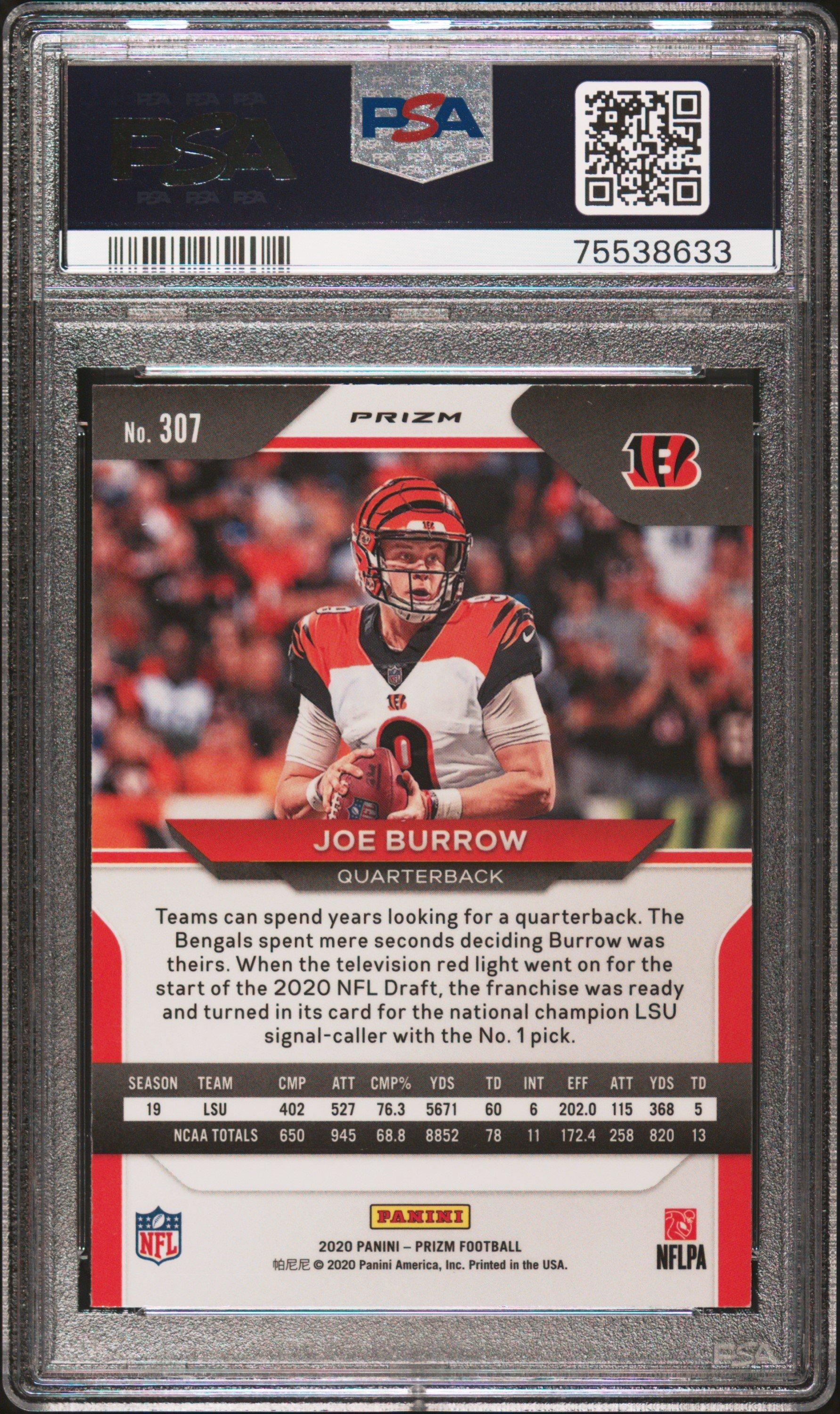 2020 Panini Prizm 307 Joe Burrow Red/white/blue Prizm PSA 10