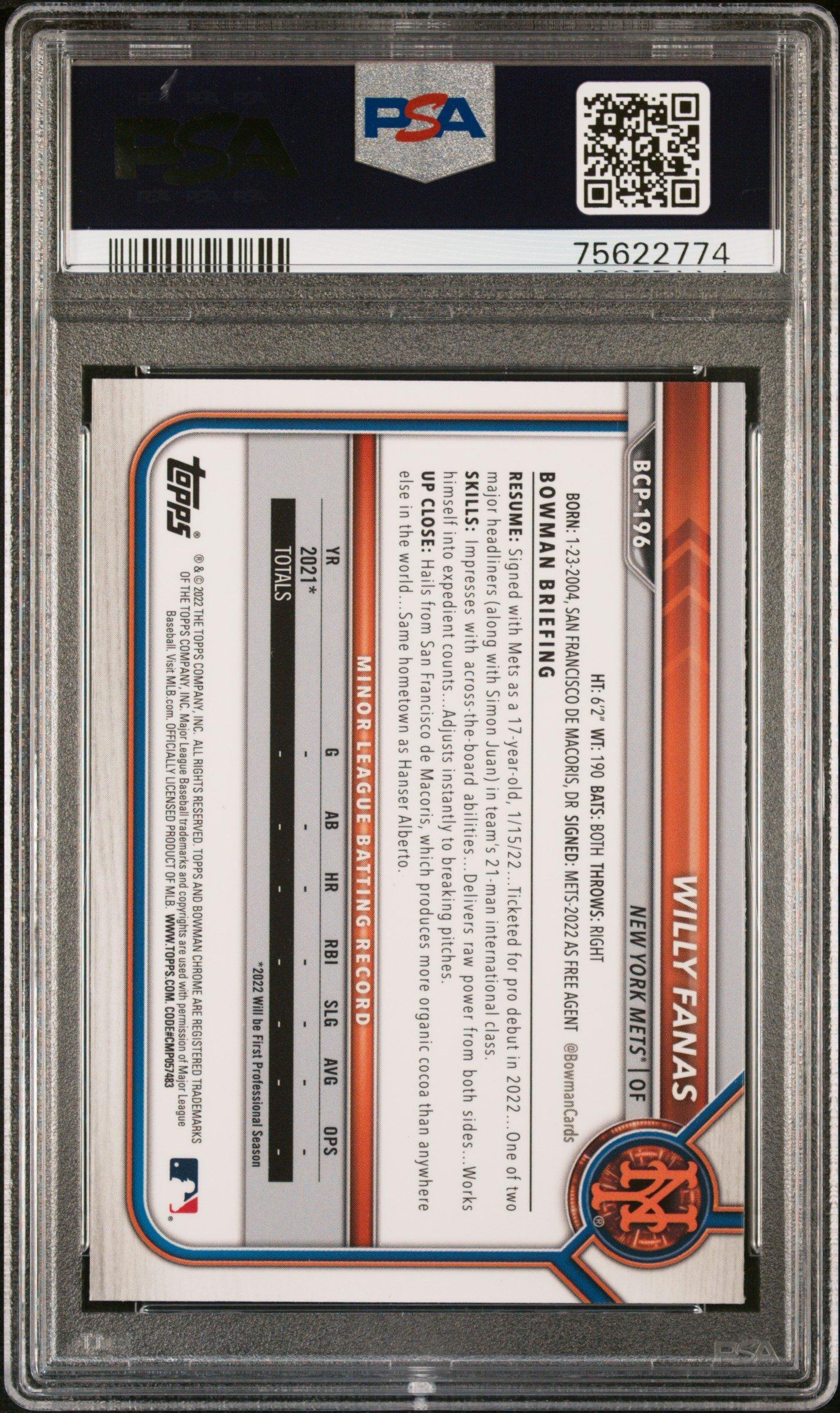 2022 Bowman Chrome Sapphire Edition Prospects Bcp196 Willy Fanas PSA 9