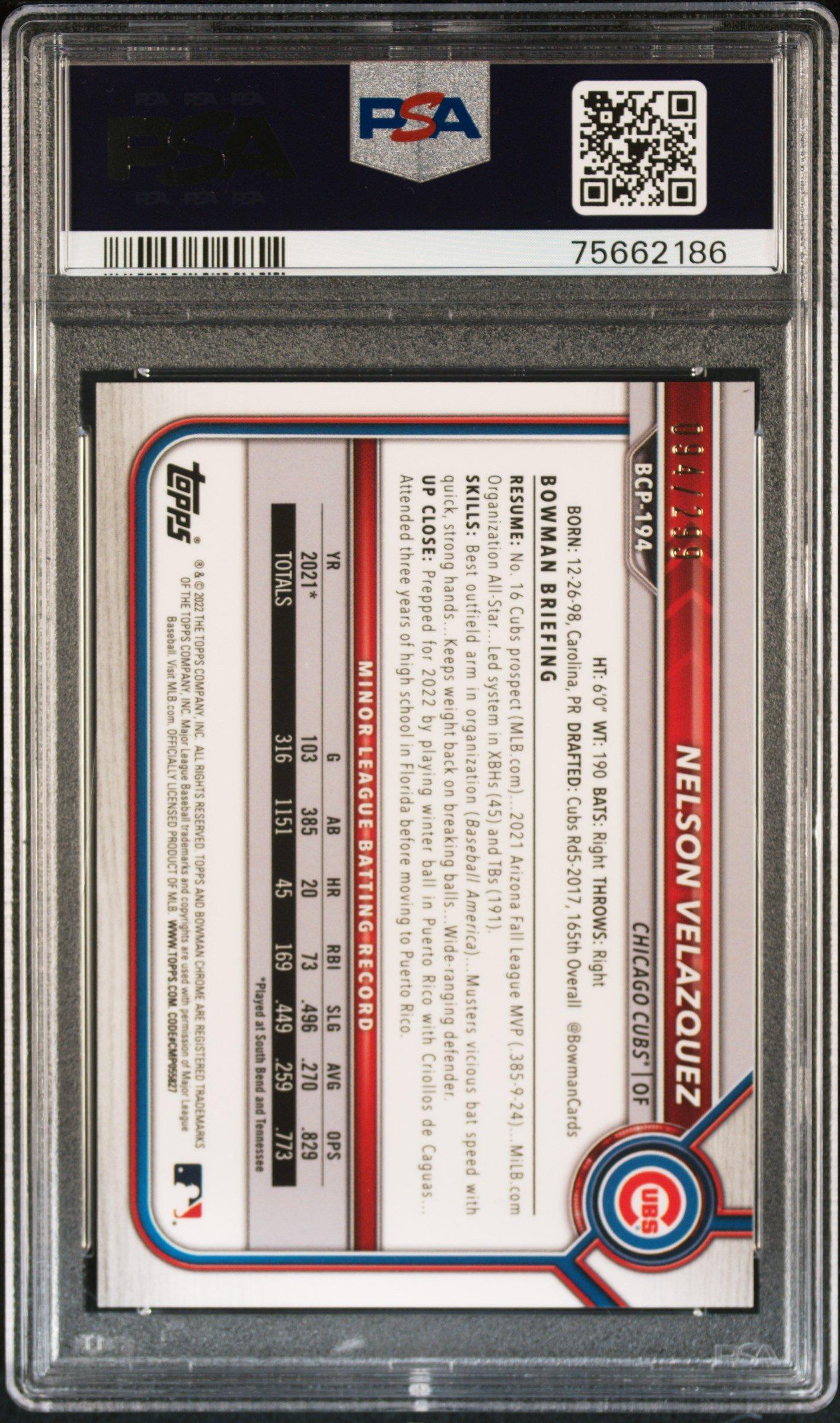 2022 Bowman Chrome Prospects Bcp194 Nelson Velazquez PSA 9