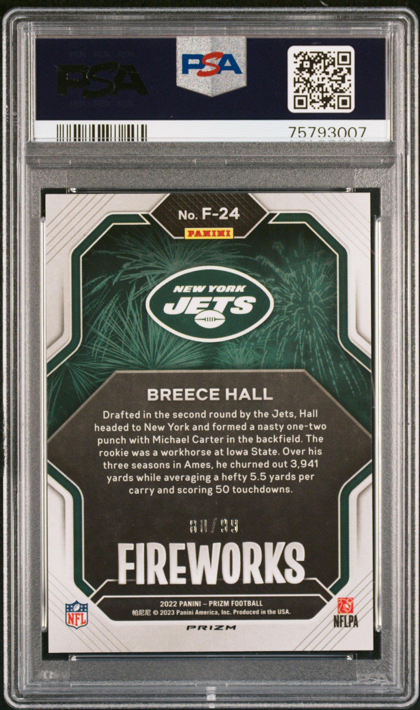 2022 Panini Prizm Fireworks F24 Breece Hall Blue Ice PSA 9
