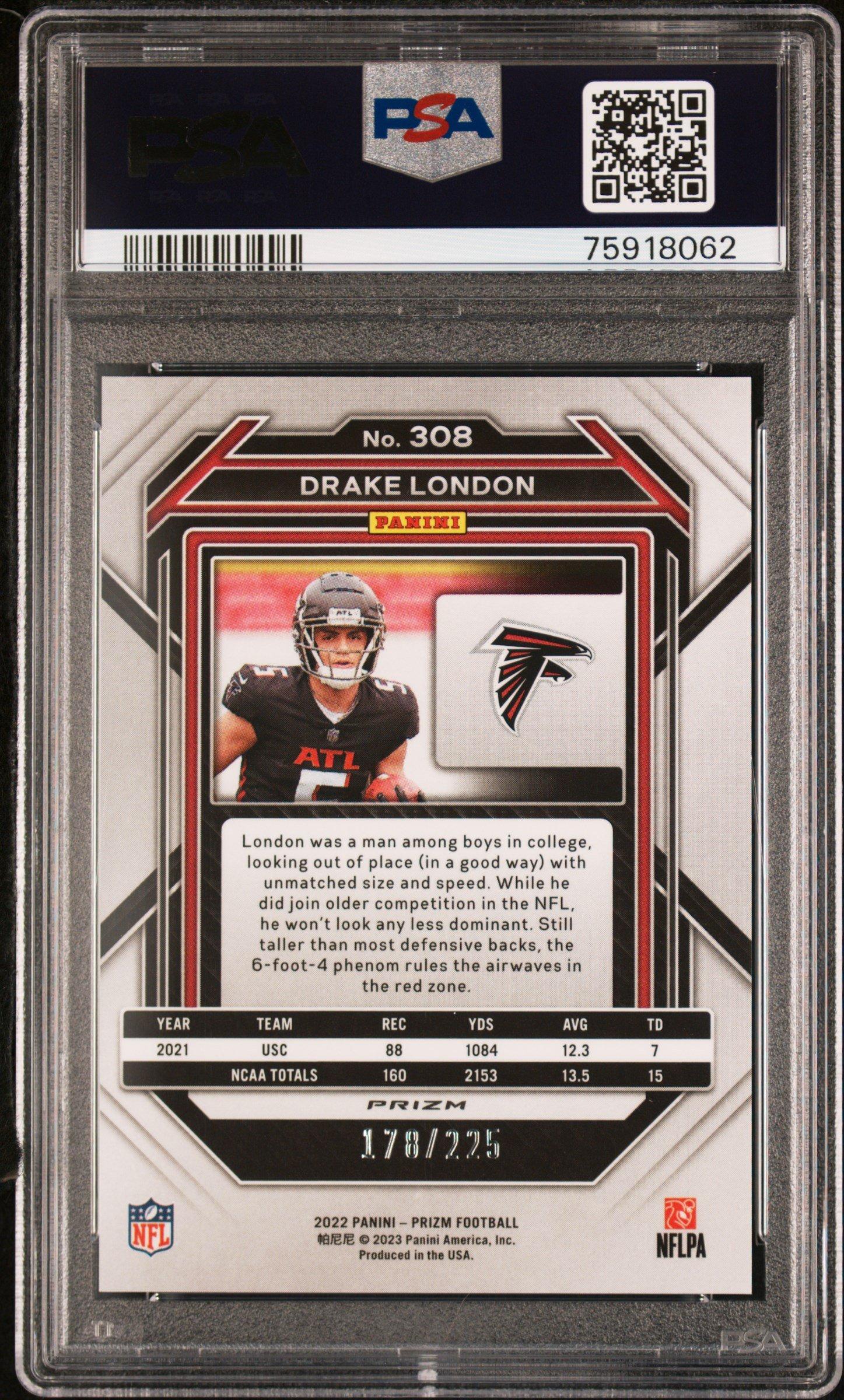 2022 Panini Prizm 308 Drake London Purple Ice PSA 10