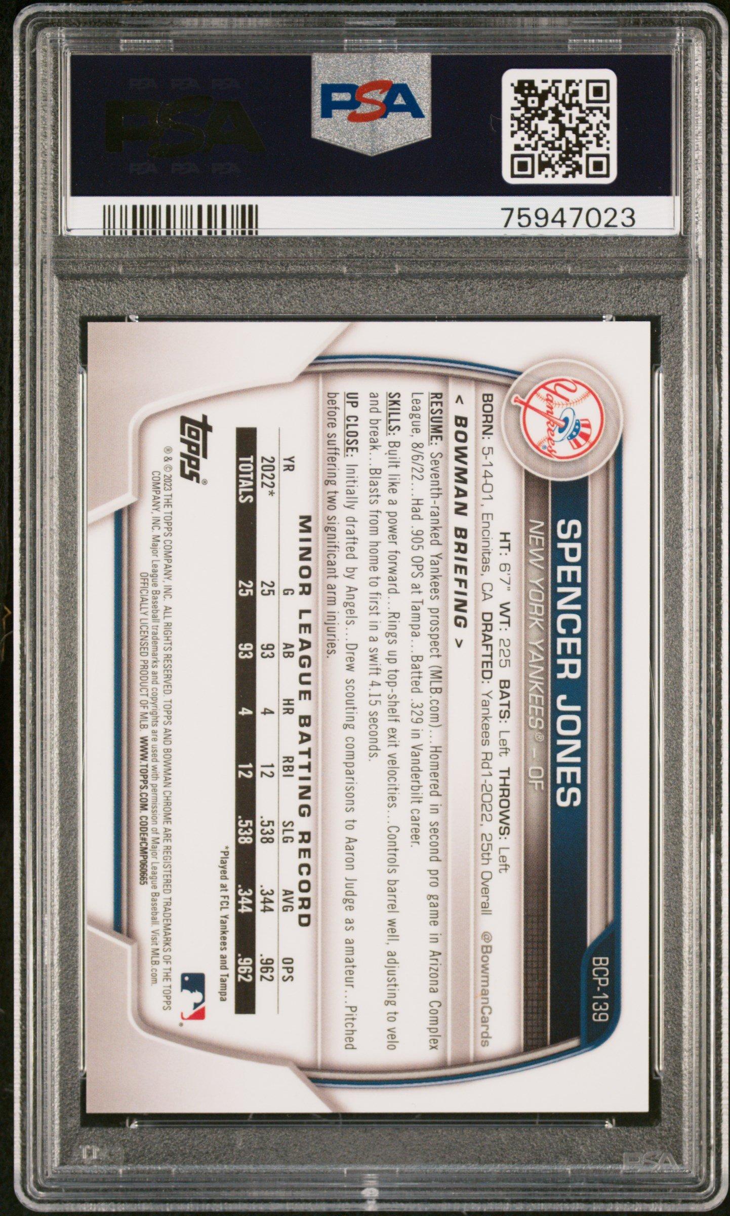 2023 Bowman Chrome Prospects Bcp139 Spencer Jones Fuchsia Lunar Crater Refractor PSA 9
