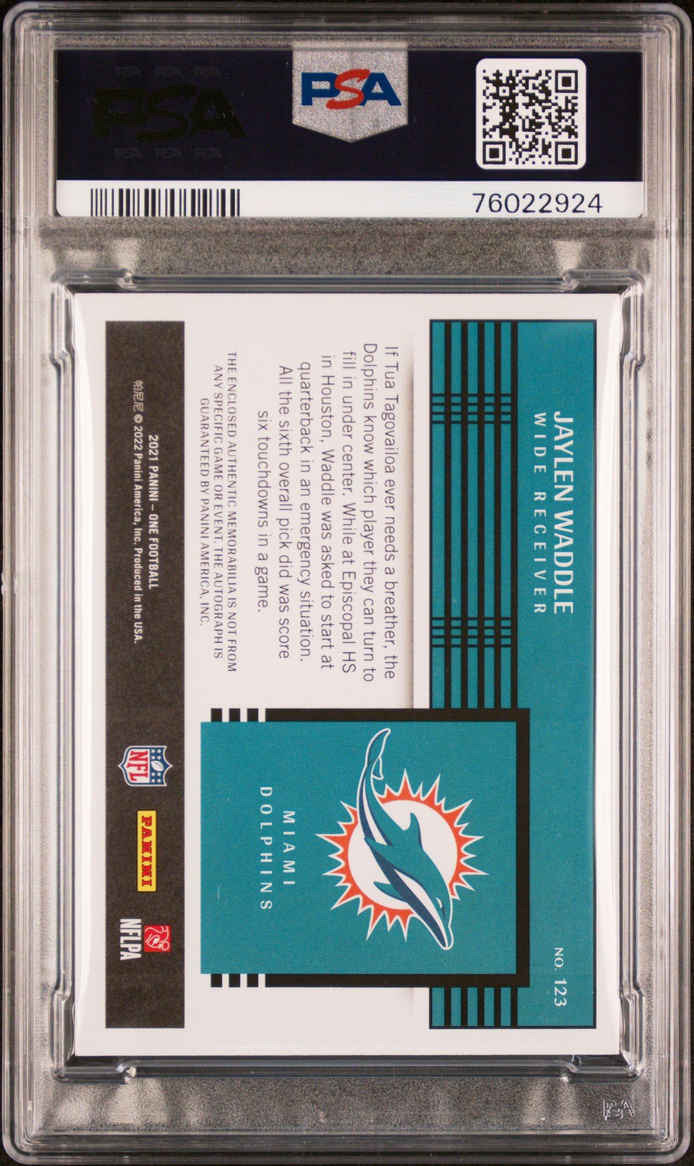 2021 Panini One 123 Jaylen Waddle Premium Patch Autograph PSA 9