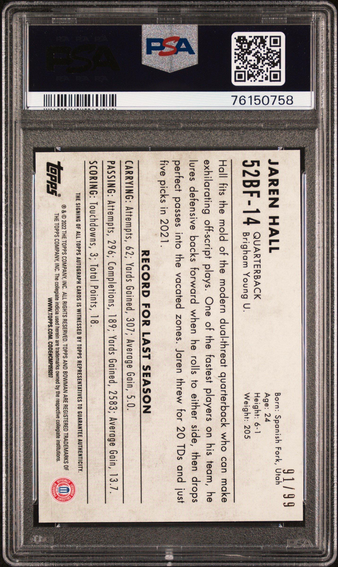 2022 Bowman University 1952 Bowman 52bf14 Jaren Hall Autograph PSA 9