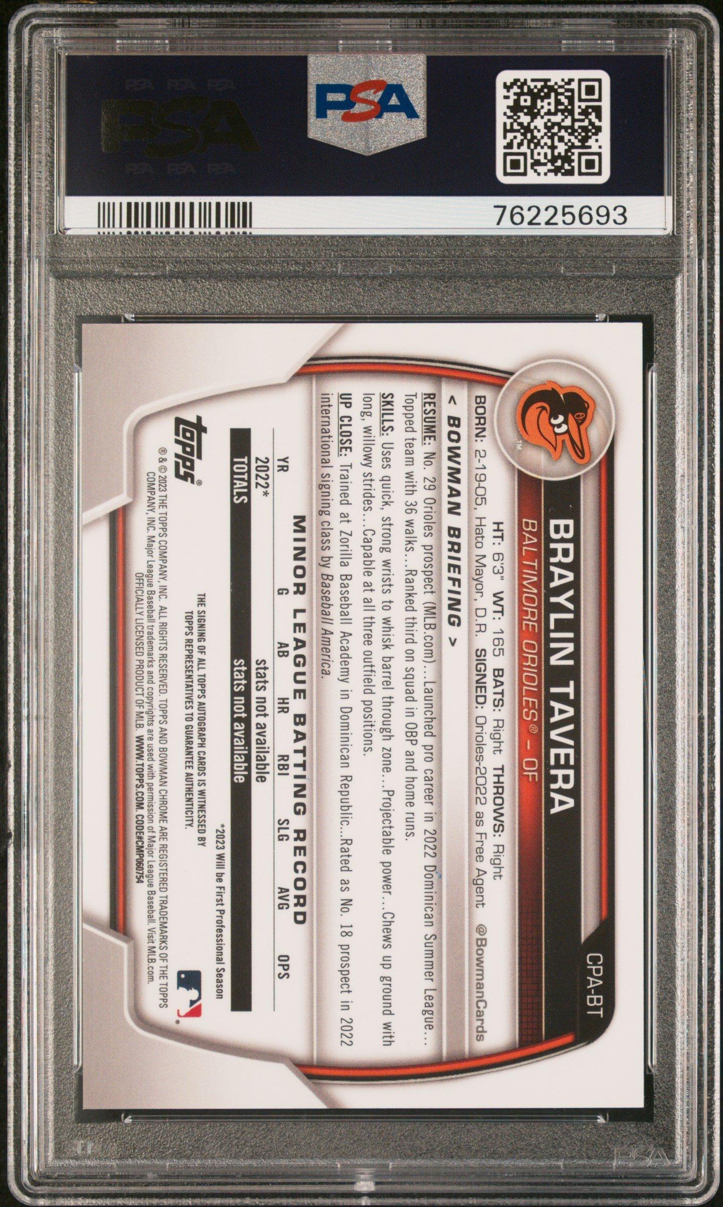 2023 Bowman Chrome Prospect Autographs Cpabt Braylin Tavera PSA 9