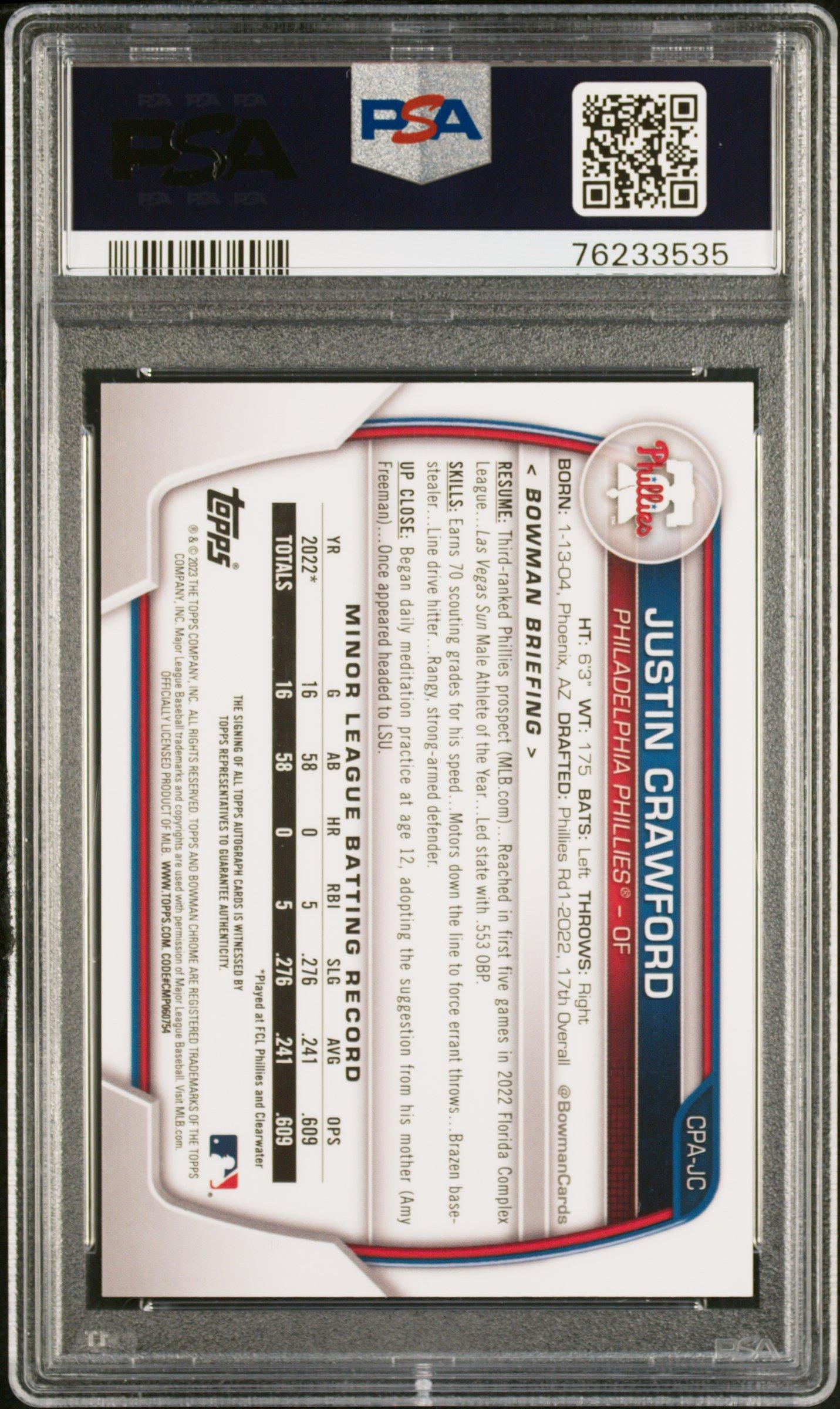 2023 Bowman Chrome Prospect Autographs Cpajc Justin Crawford PSA 10