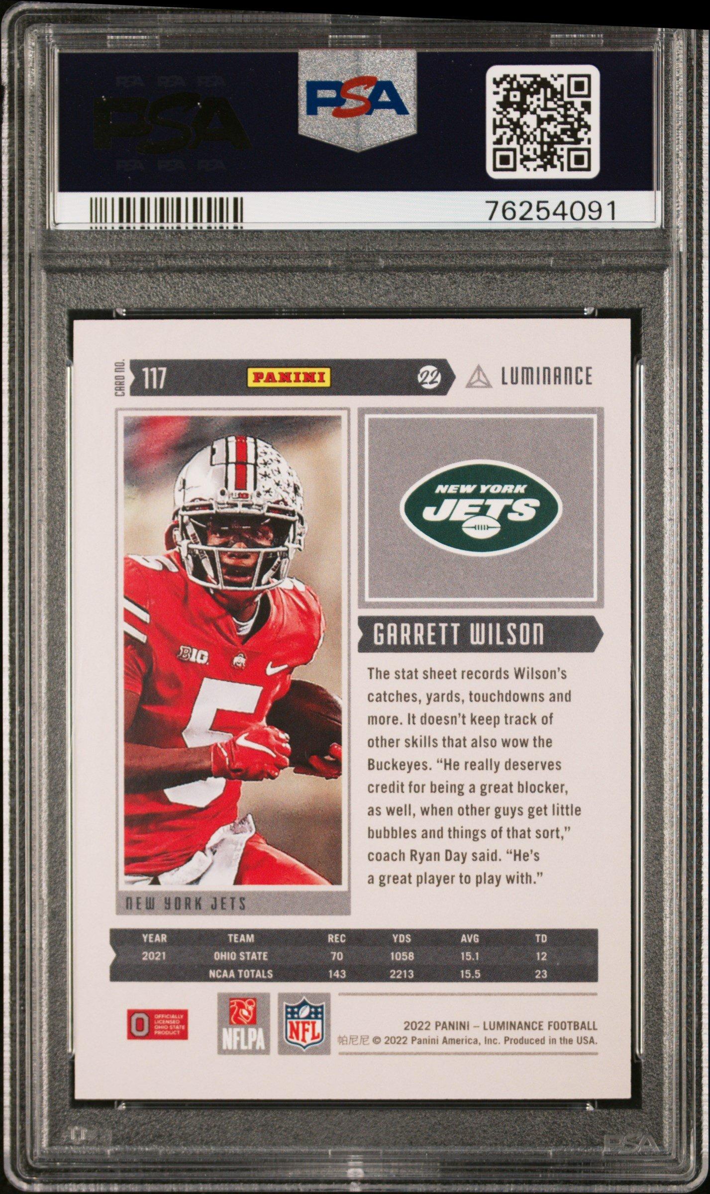 2022 Panini Luminance 117 Garrett Wilson Teal PSA 10