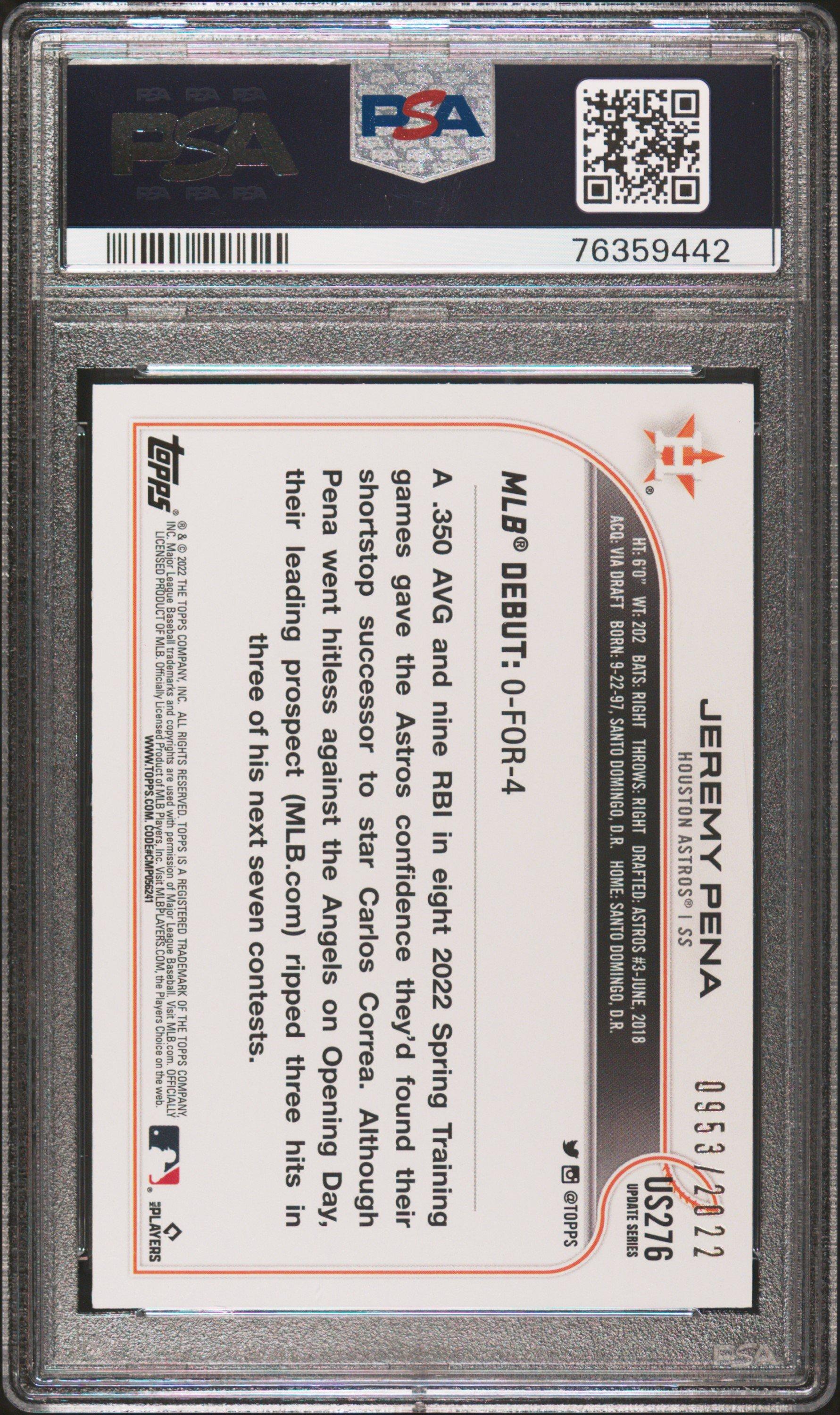 2022 Topps Update Us276 Jeremy Pena Gold PSA 10