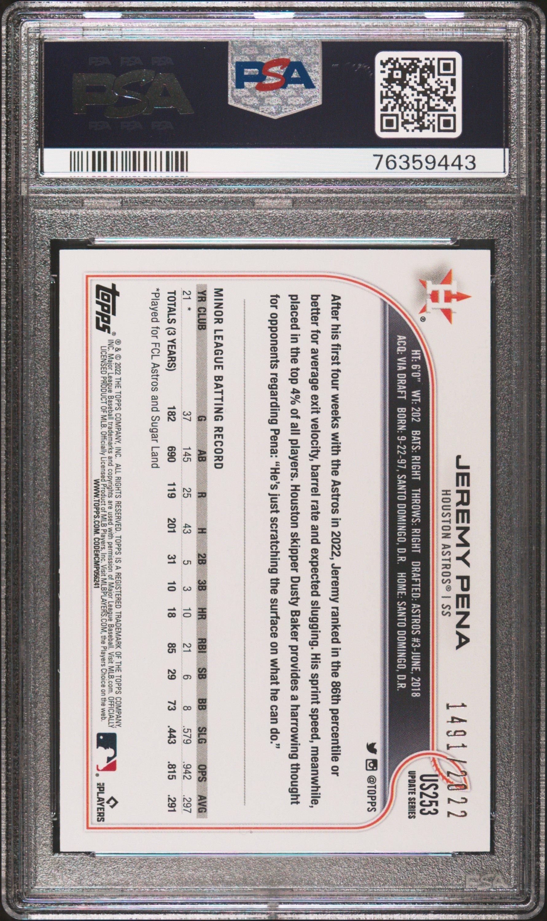 2022 Topps Update Us253 Jeremy Pena Gold PSA 10