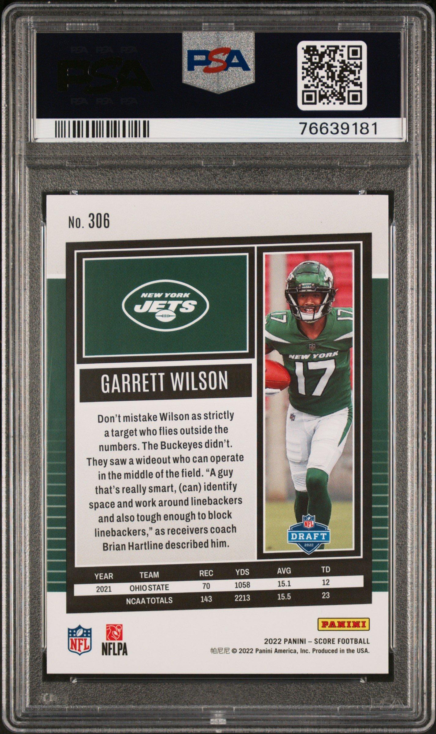 2022 Panini Score 306 Garrett Wilson Gold PSA 10