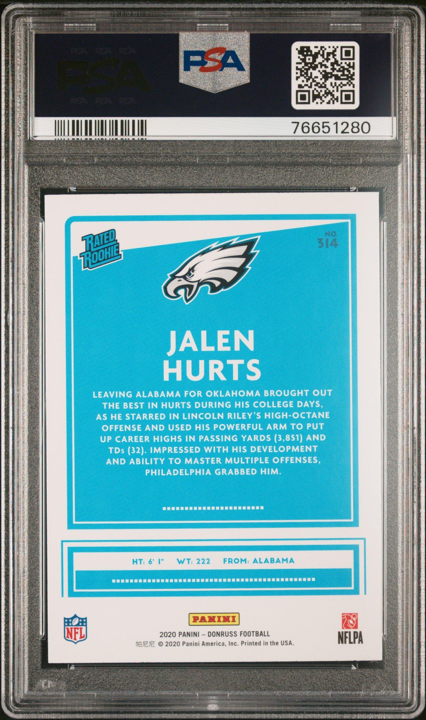 2020 Panini Donruss 314 Jalen Hurts Yellow Press Proof PSA 10