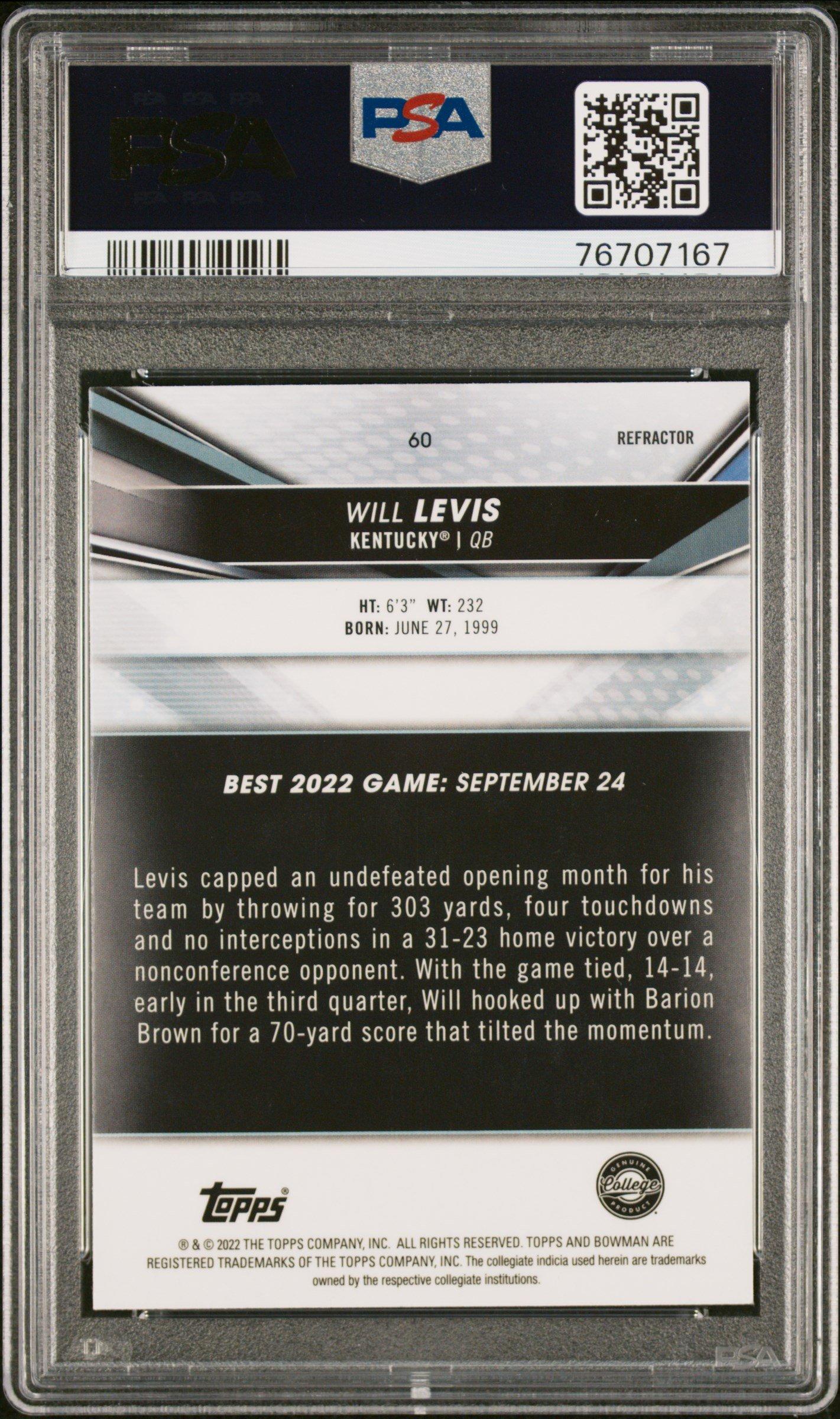 2022 Bowman's Best University 60 Will Levis Refractor PSA 10