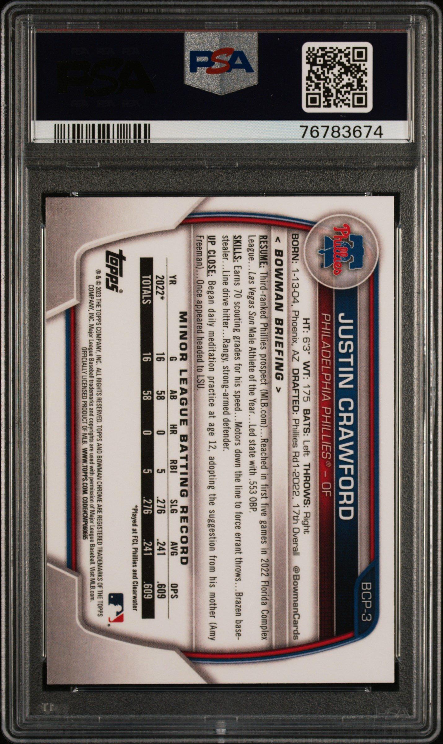 2023 Bowman Chrome Prospects Bcp3 Justin Crawford PSA 10