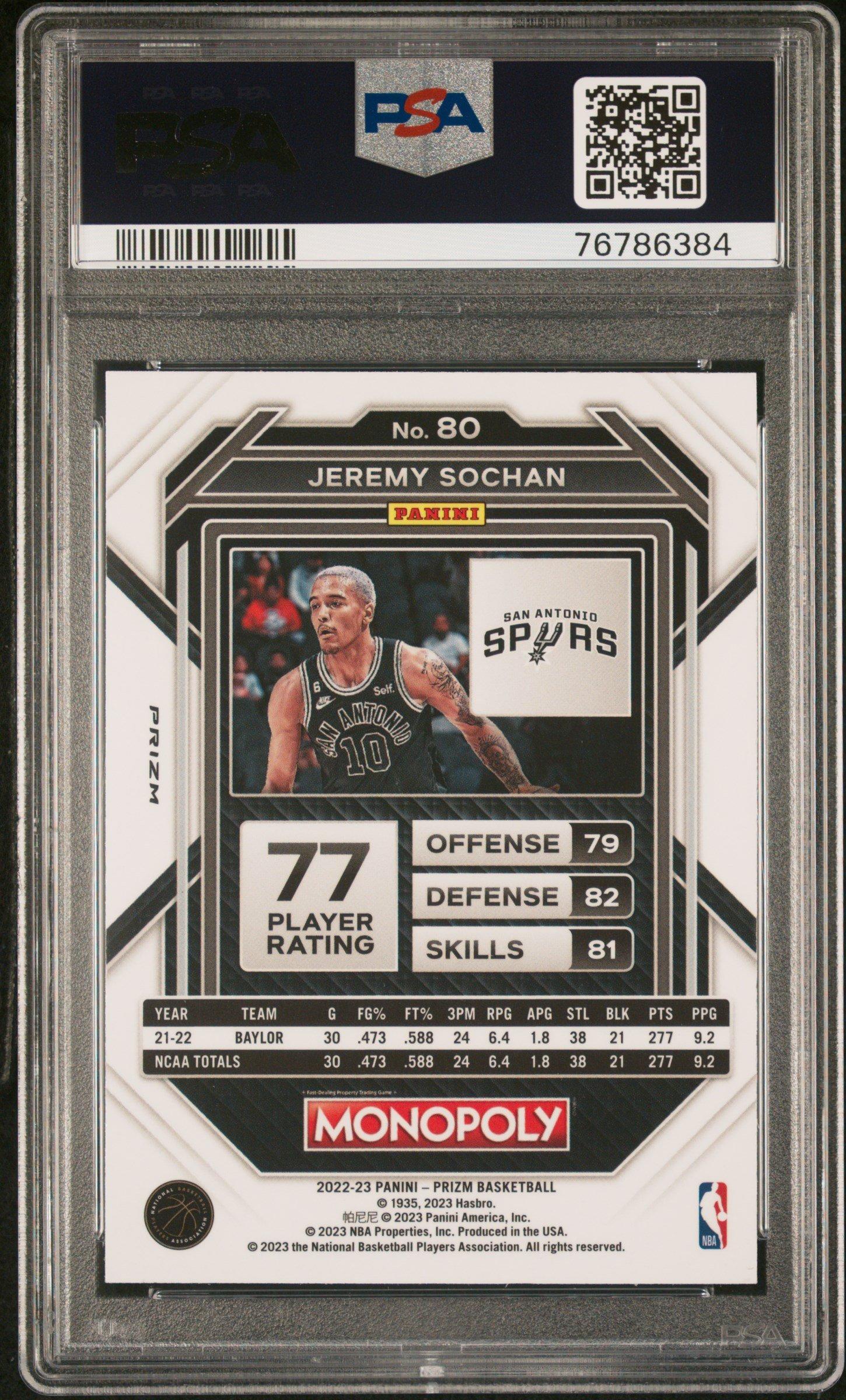 2022 Panini Prizm Monopoly 80 Jeremy Sochan Silver Prizm PSA 10