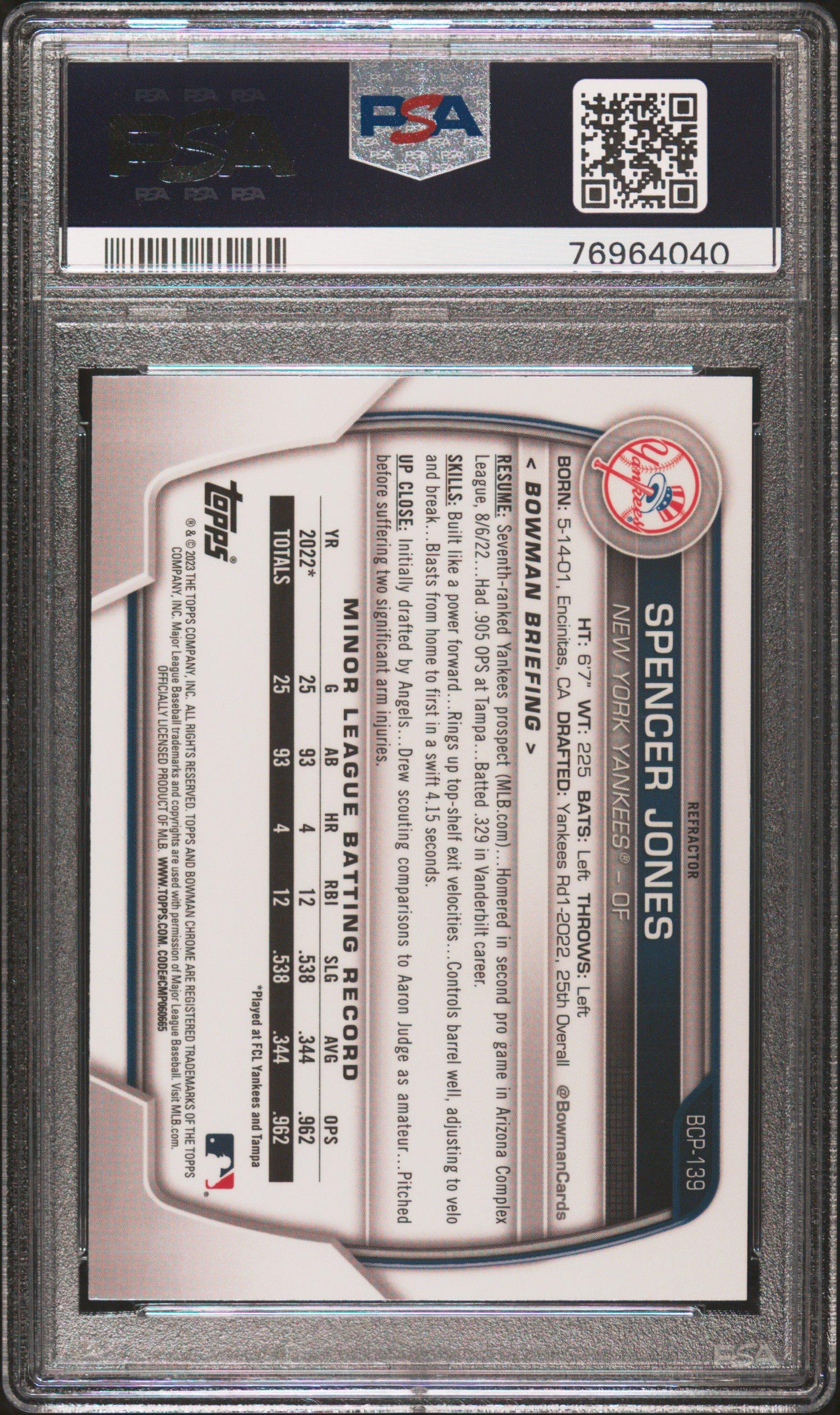 2023 Bowman Chrome Prospects Bcp139 Spencer Jones PSA 9
