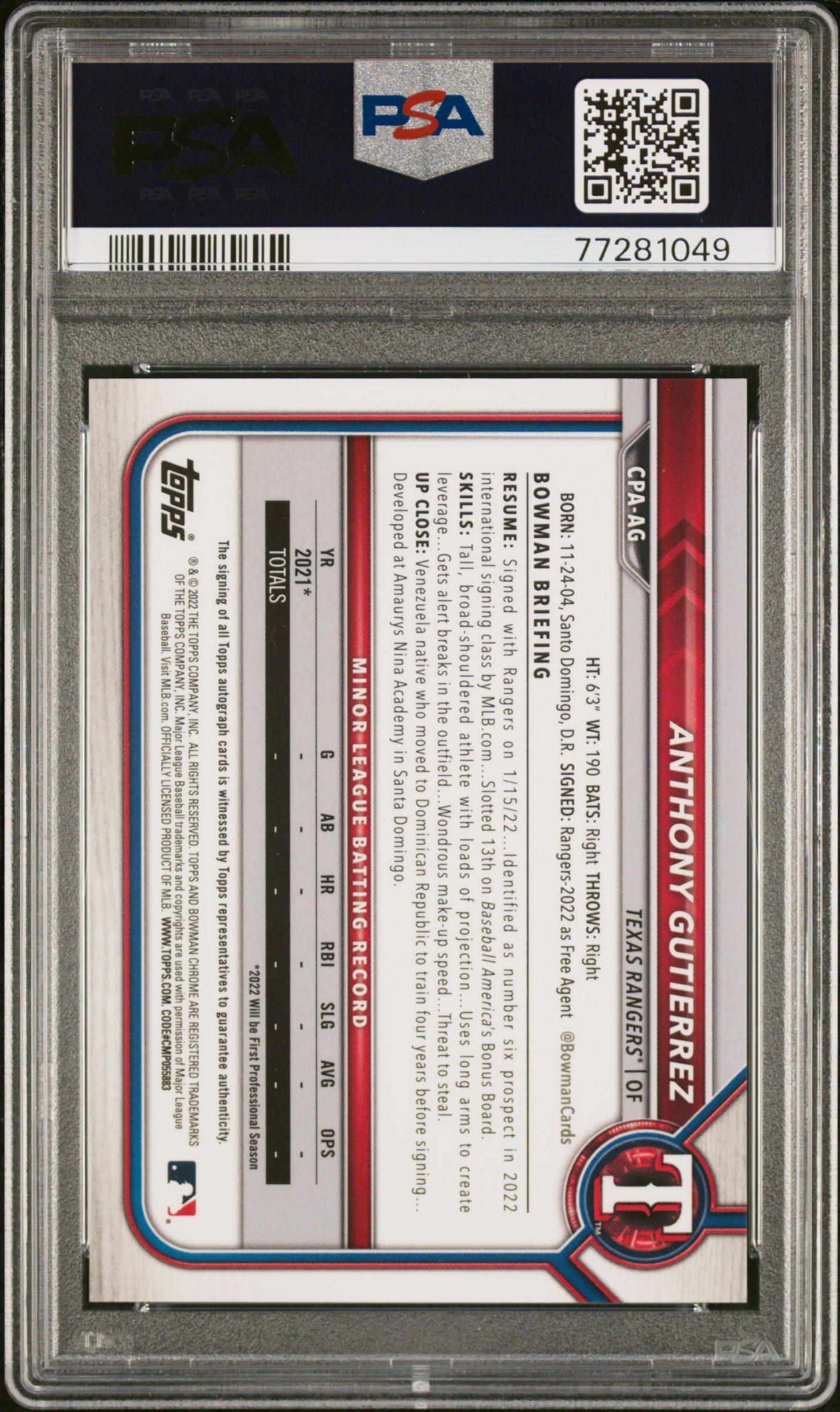 2022 Bowman Chrome Prospect Autographs Cpaag Anthony Gutierrez PSA 10