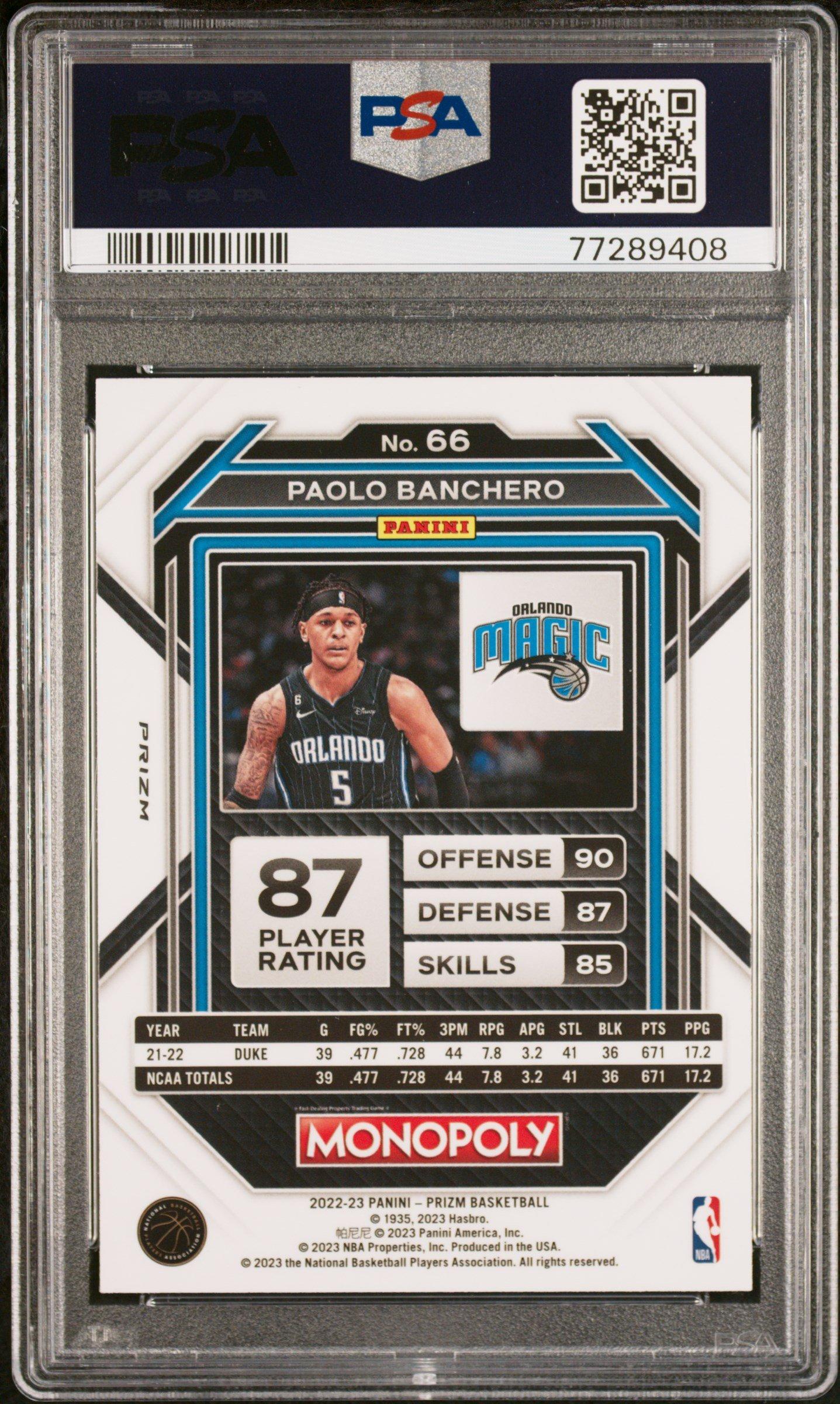 2022 Panini Prizm Monopoly 66 Paolo Banchero Free Parking PSA 10