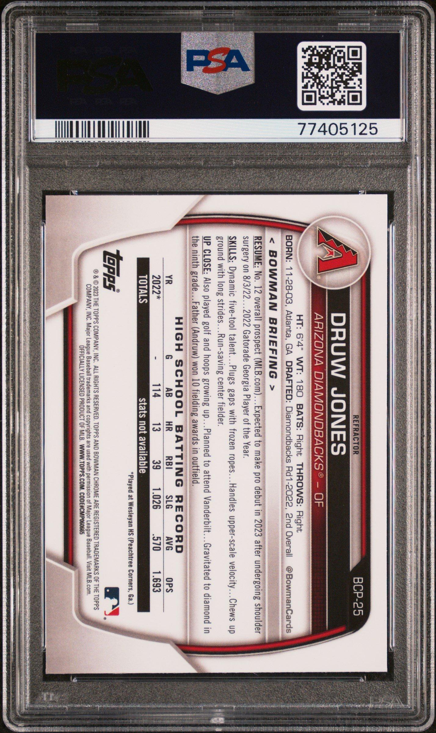 2023 Bowman Chrome Prospects Bcp25 Druw Jones Lunar Glow Refractor PSA 10