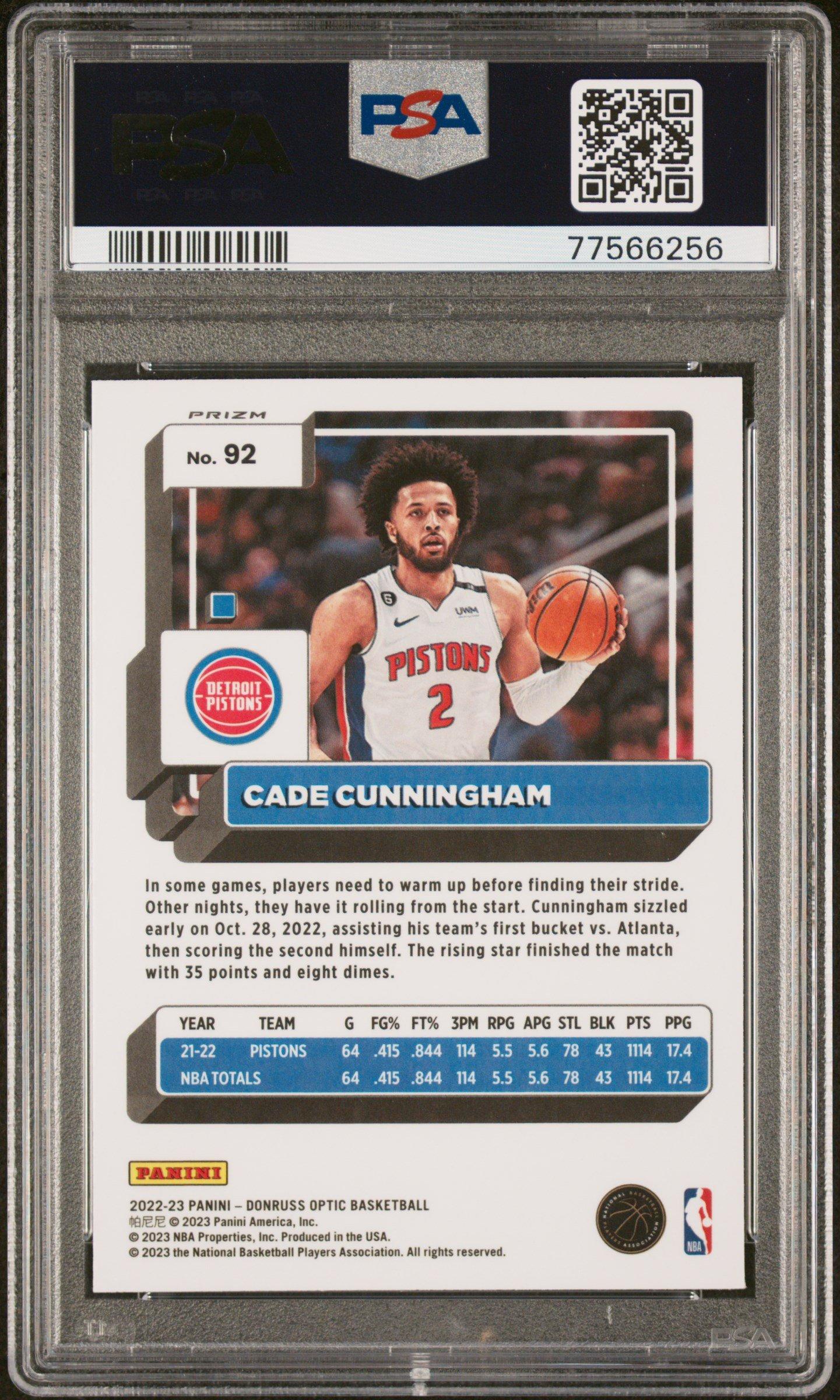 2022 Panini Donruss Optic 92 Cade Cunningham Purple PSA 10