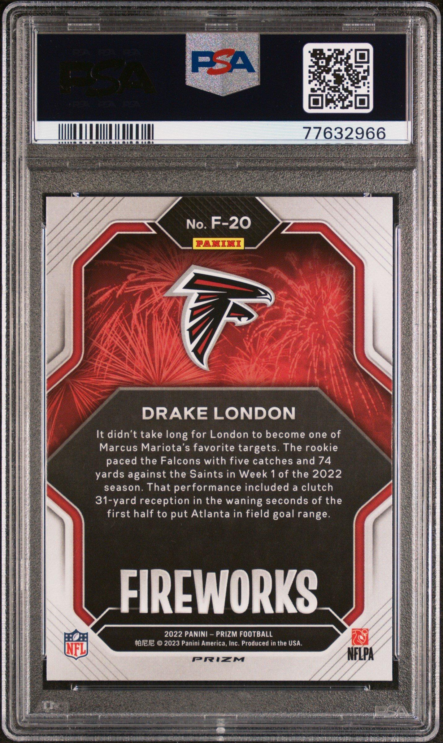 2022 Panini Prizm Fireworks F20 Drake London Silver Prizm PSA 10