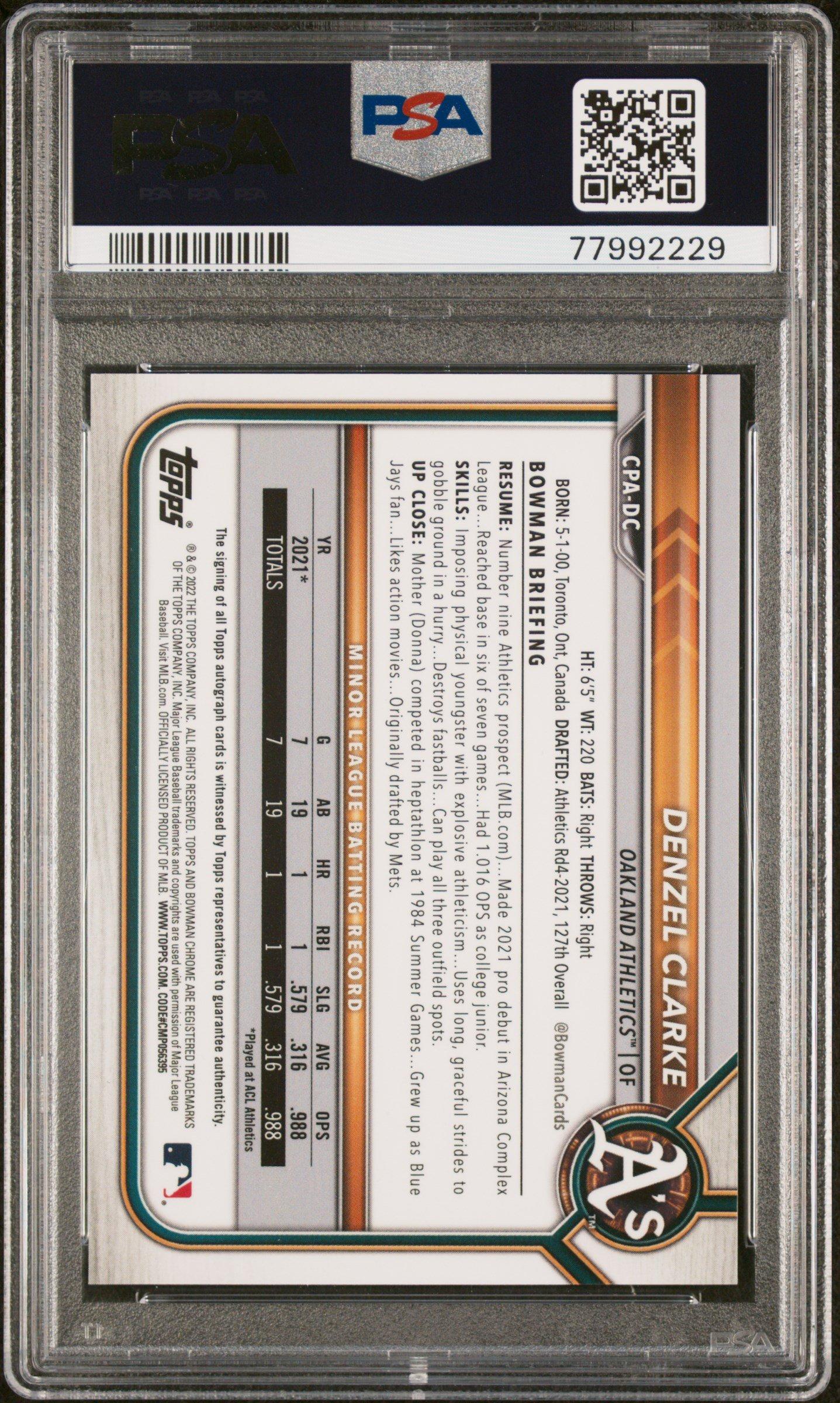 2022 Bowman Chrome Prospect Autographs Cpadc Denzel Clarke Green Refractor PSA 10