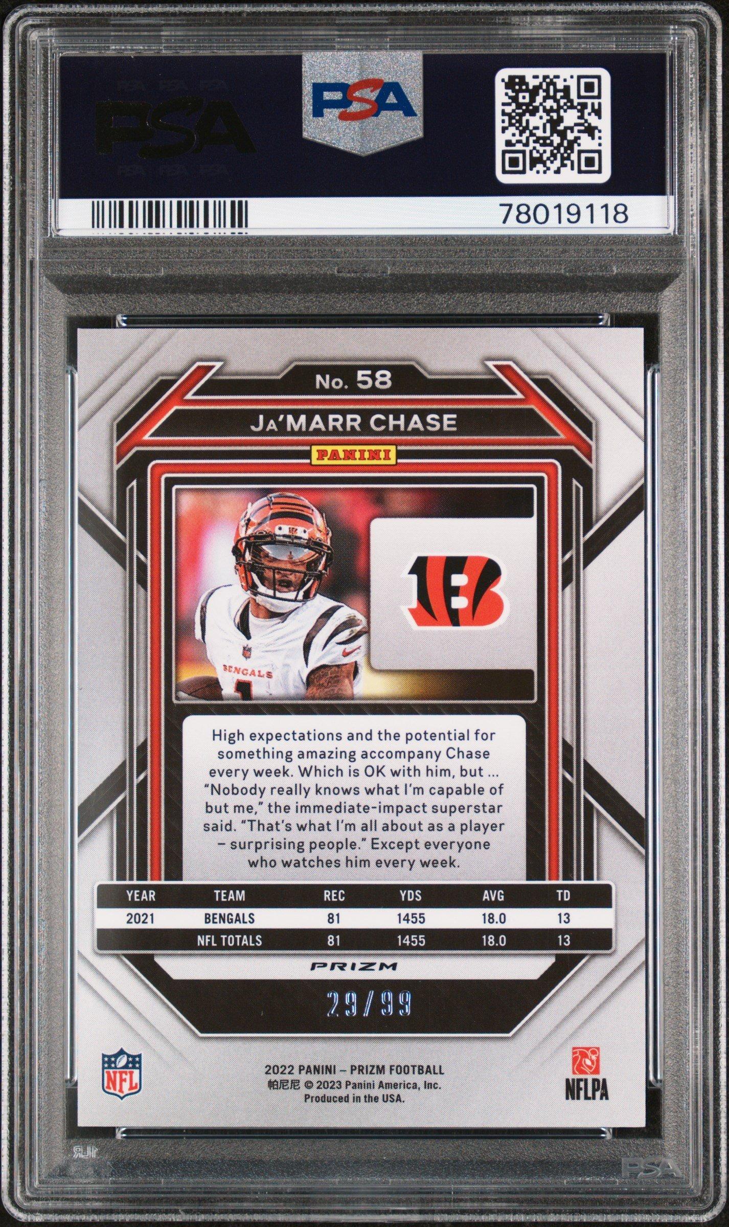 2022 Panini Prizm 58 Ja'marr Chase Blue Ice PSA 9