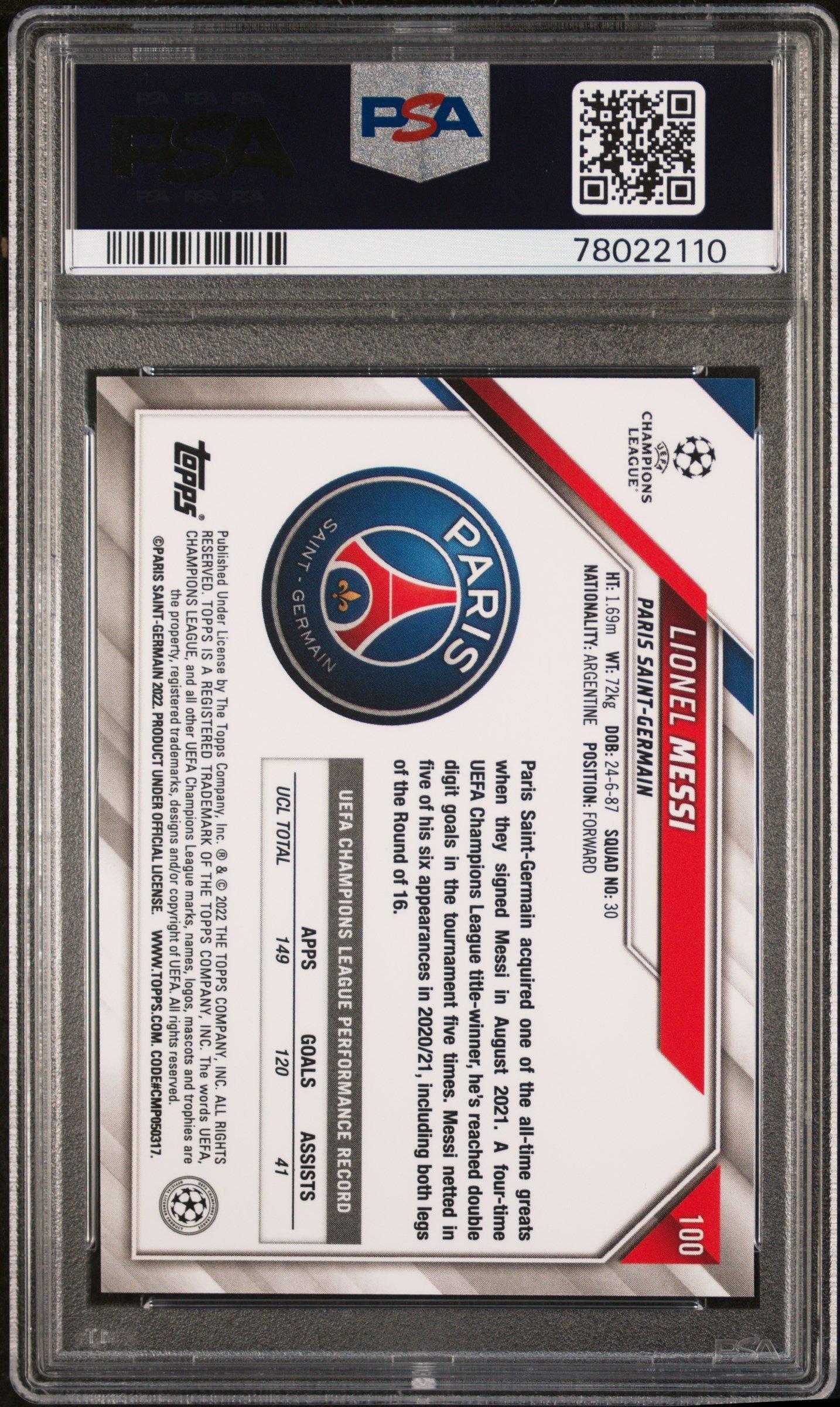 2021-2022 Topps Chrome Sapphire Edition Uefa Champions League 100 Lionel Messi PSA 10