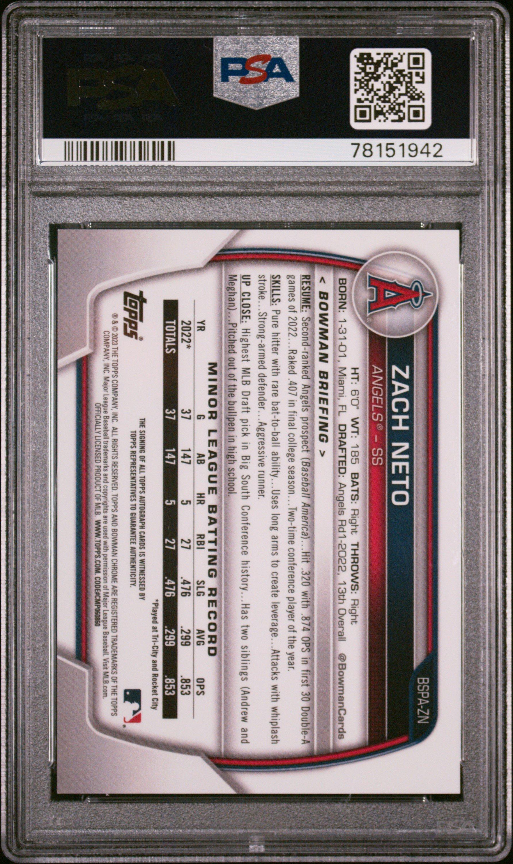 2023 Bowman Sapphire Edition Chrome Prospects Autographs Bspazn Zach Neto Orange PSA 9