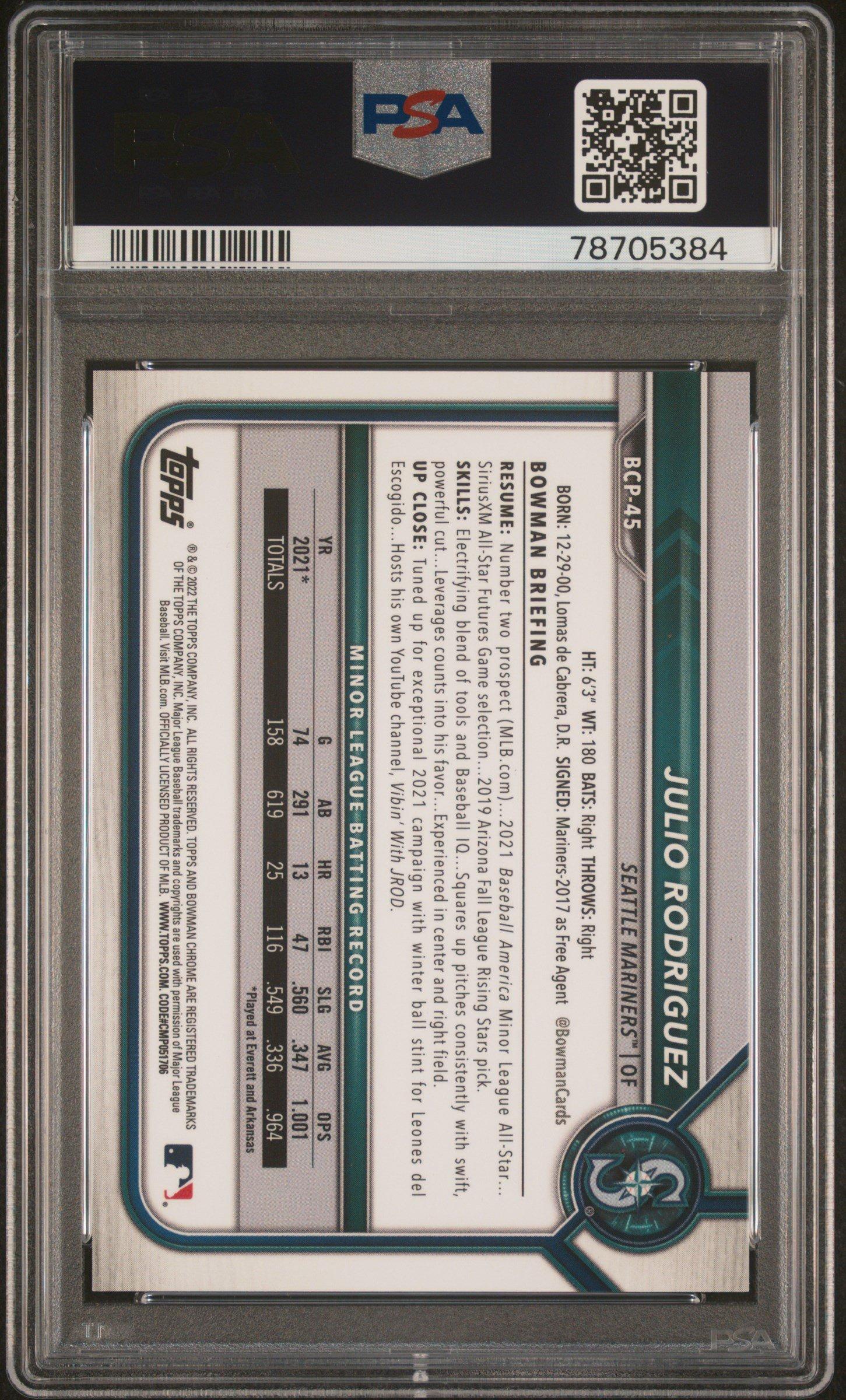 2022 Bowman Chrome Prospects Bcp45 Julio Rodriguez Gold Refractor PSA 10
