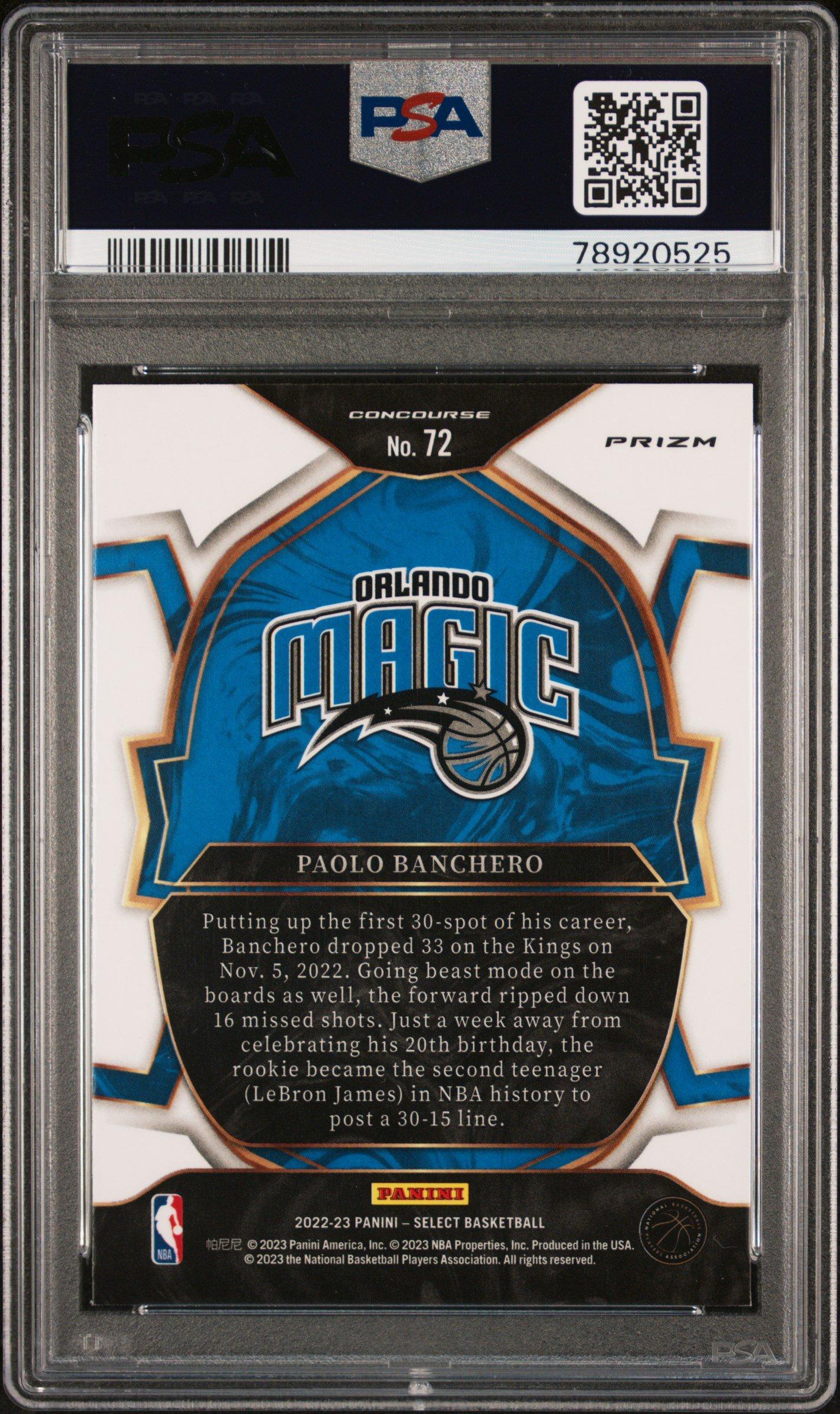 2022 Panini Select 72 Paolo Banchero Orange Flash PSA 10