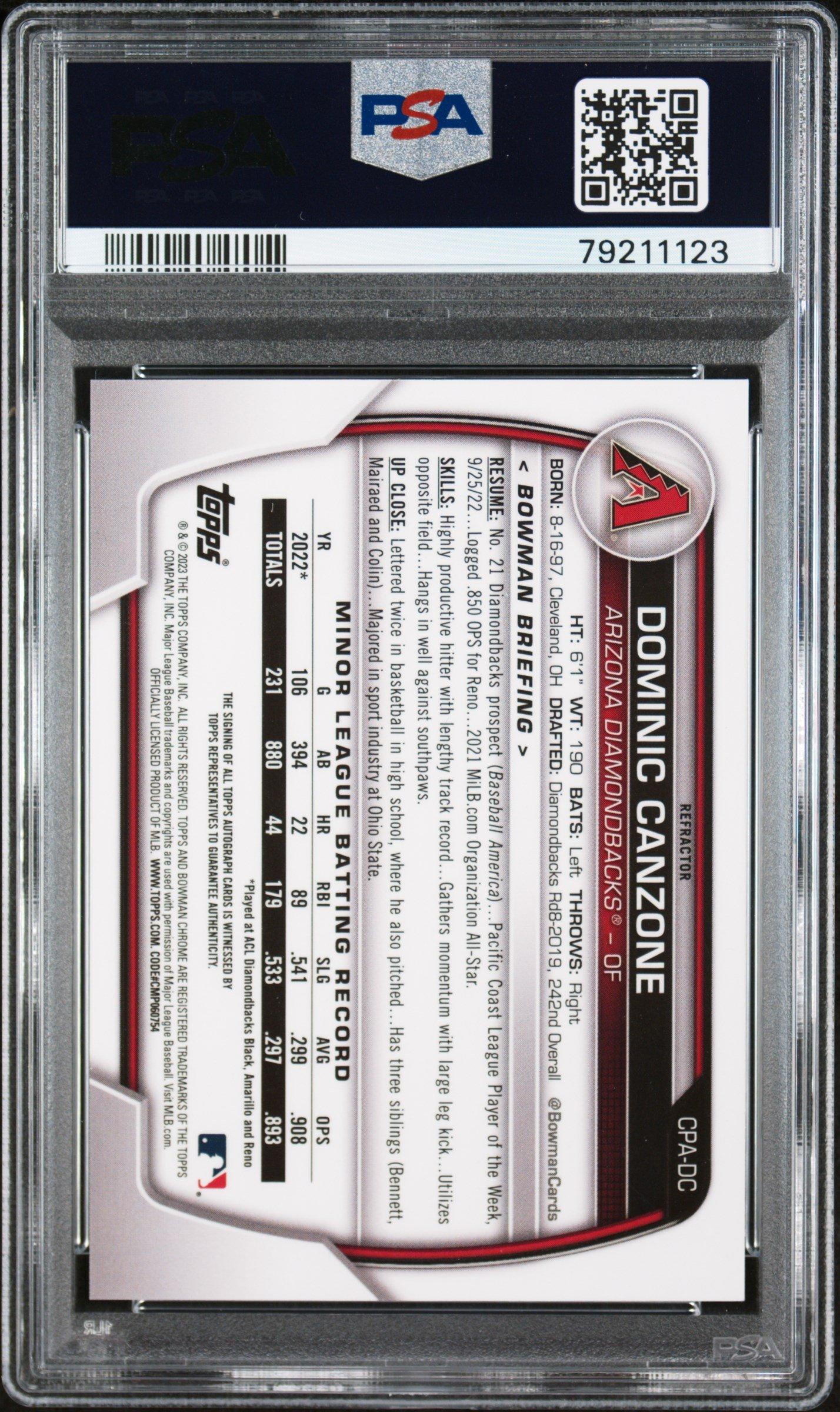 2023 Bowman Chrome Prospect Autographs Cpadc Dominic Canzone Refractor PSA 10