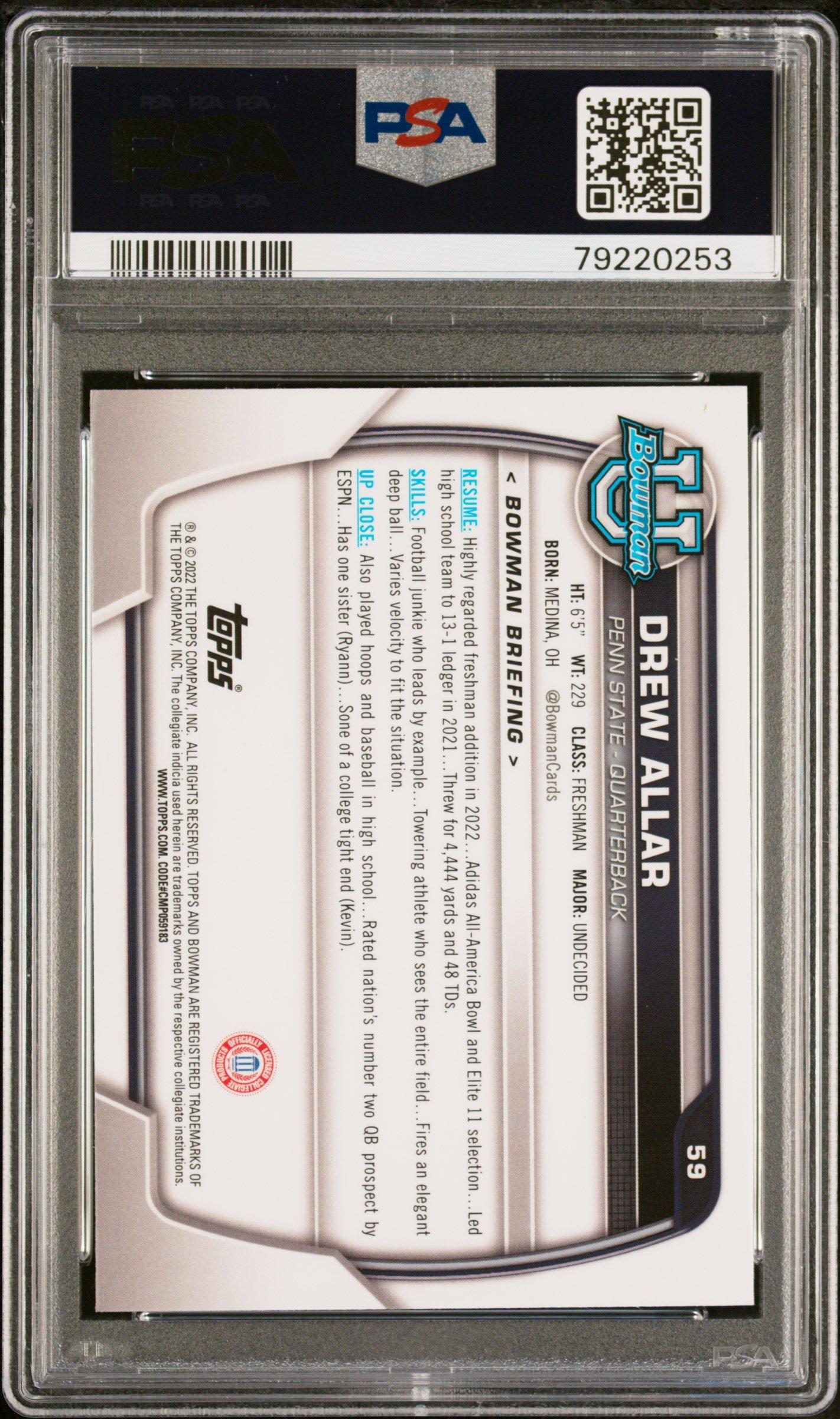 2022 Bowman University Chrome Prospects 59 Drew Allar Purple Shimmer Refractor PSA 10