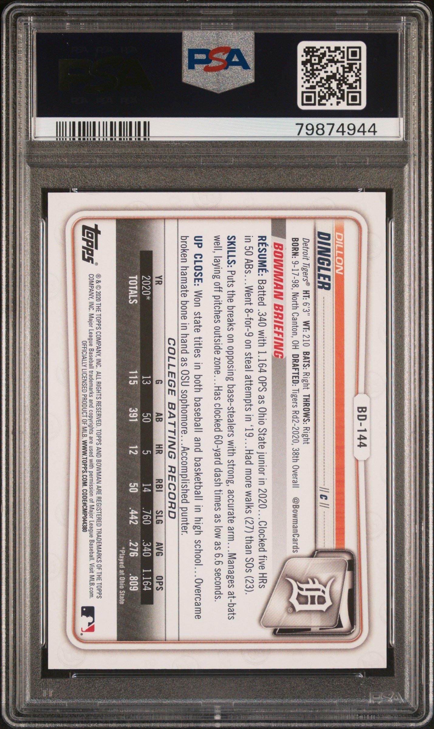2020 Bowman Draft 1st Edition Bd144 Dillon Dingler Gold Foil PSA 10