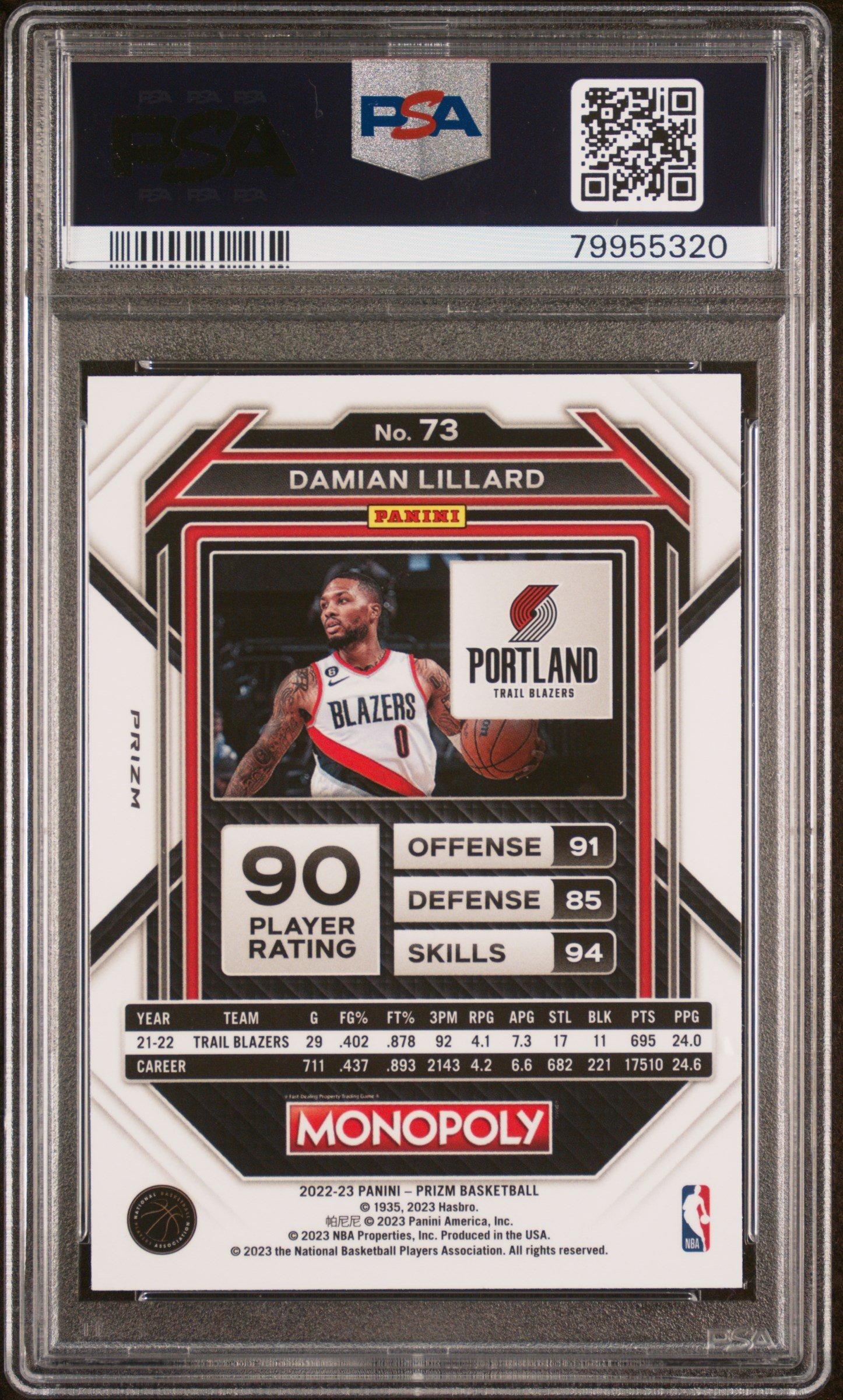 2022 Panini Prizm Monopoly 73 Damian Lillard Monopoly Black PSA 10