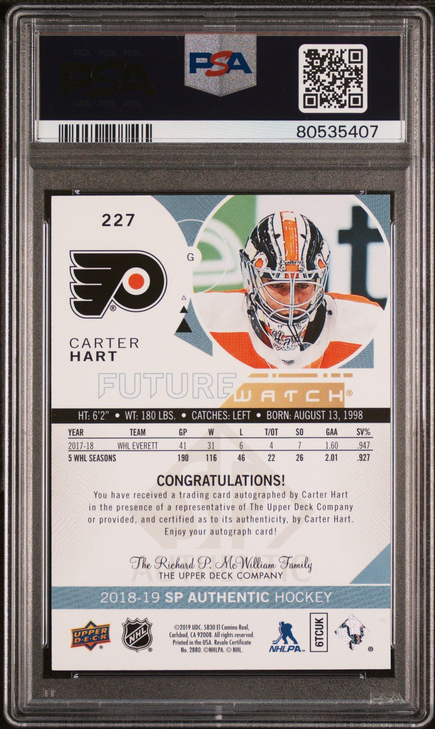 2018 Sp Authentic 227 Carter Hart Autograph PSA 10