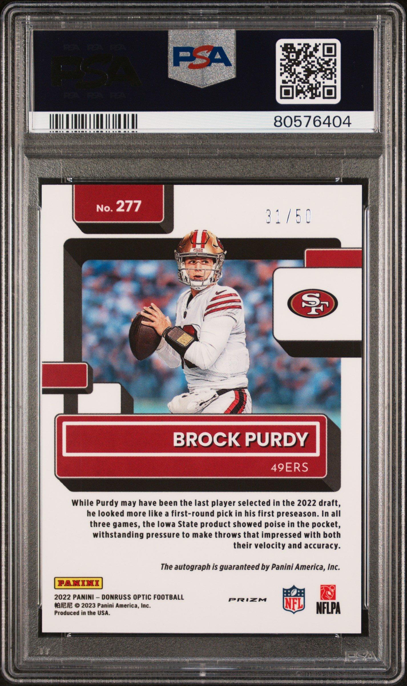 2022 Panini Donruss Optic 277 Brock Purdy Autograph-pink Velocity PSA 9