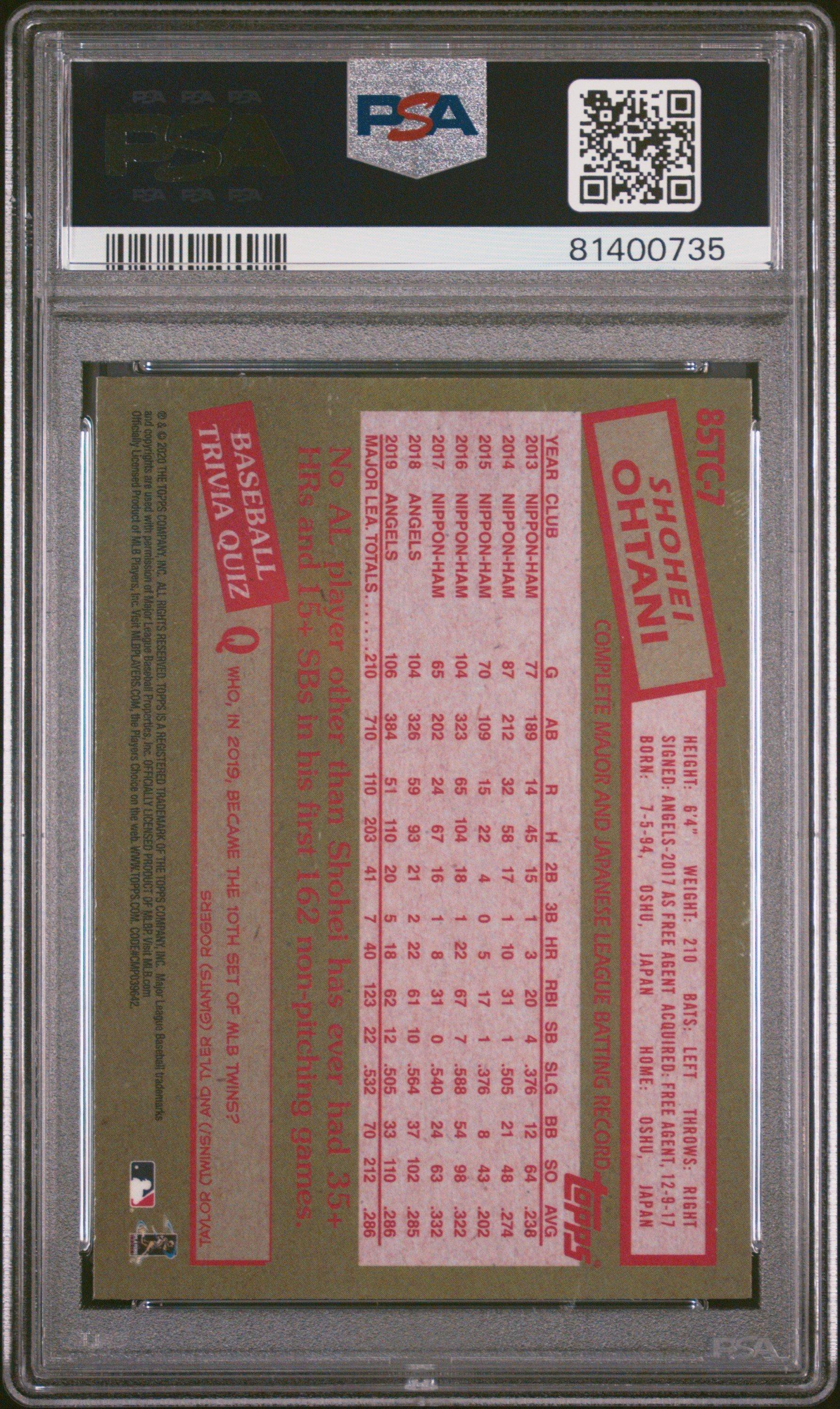 2020 Topps Chrome 1985 Topps 85tc7 Shohei Ohtani PSA 10
