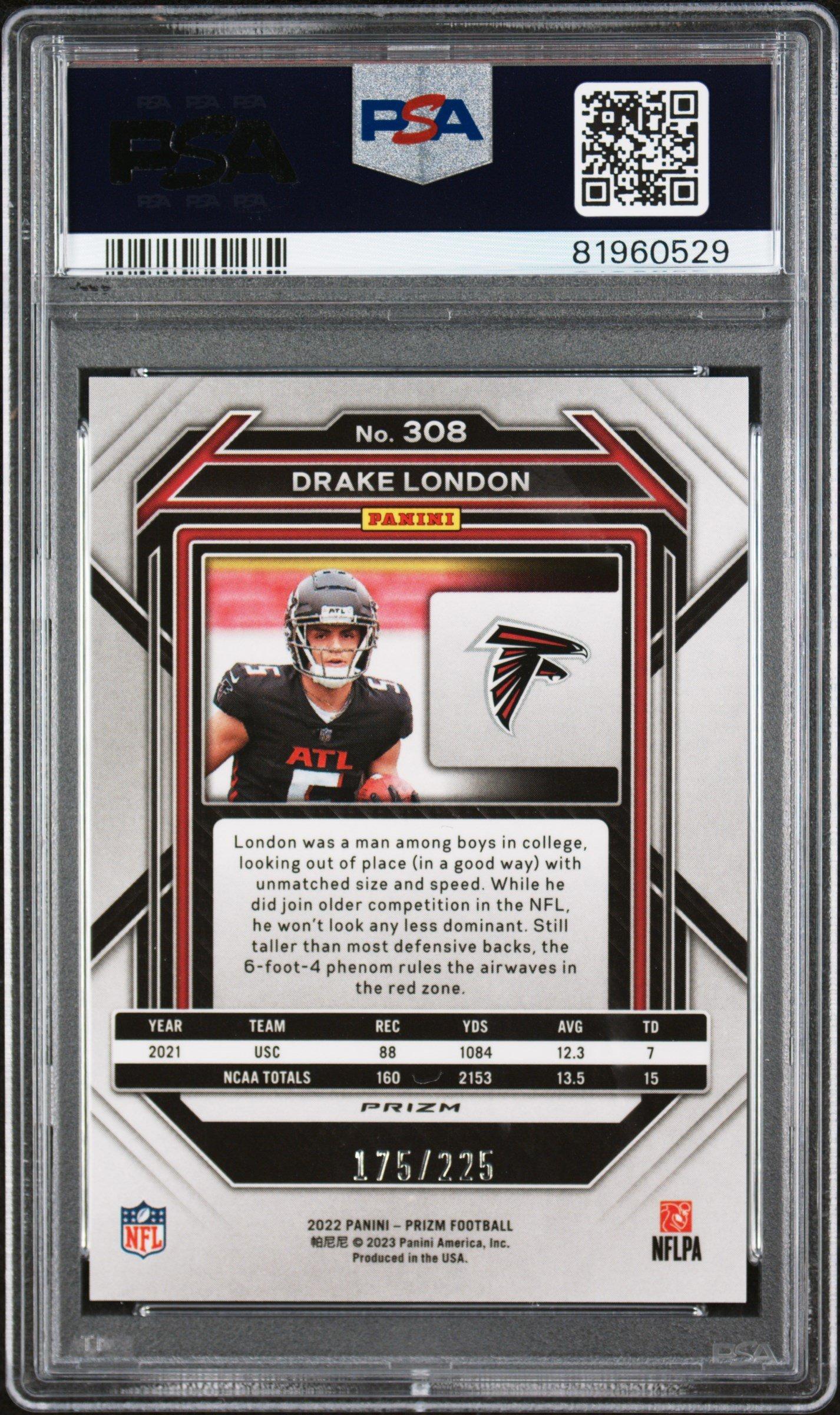 2022 Panini Prizm 308 Drake London Purple Ice PSA 9