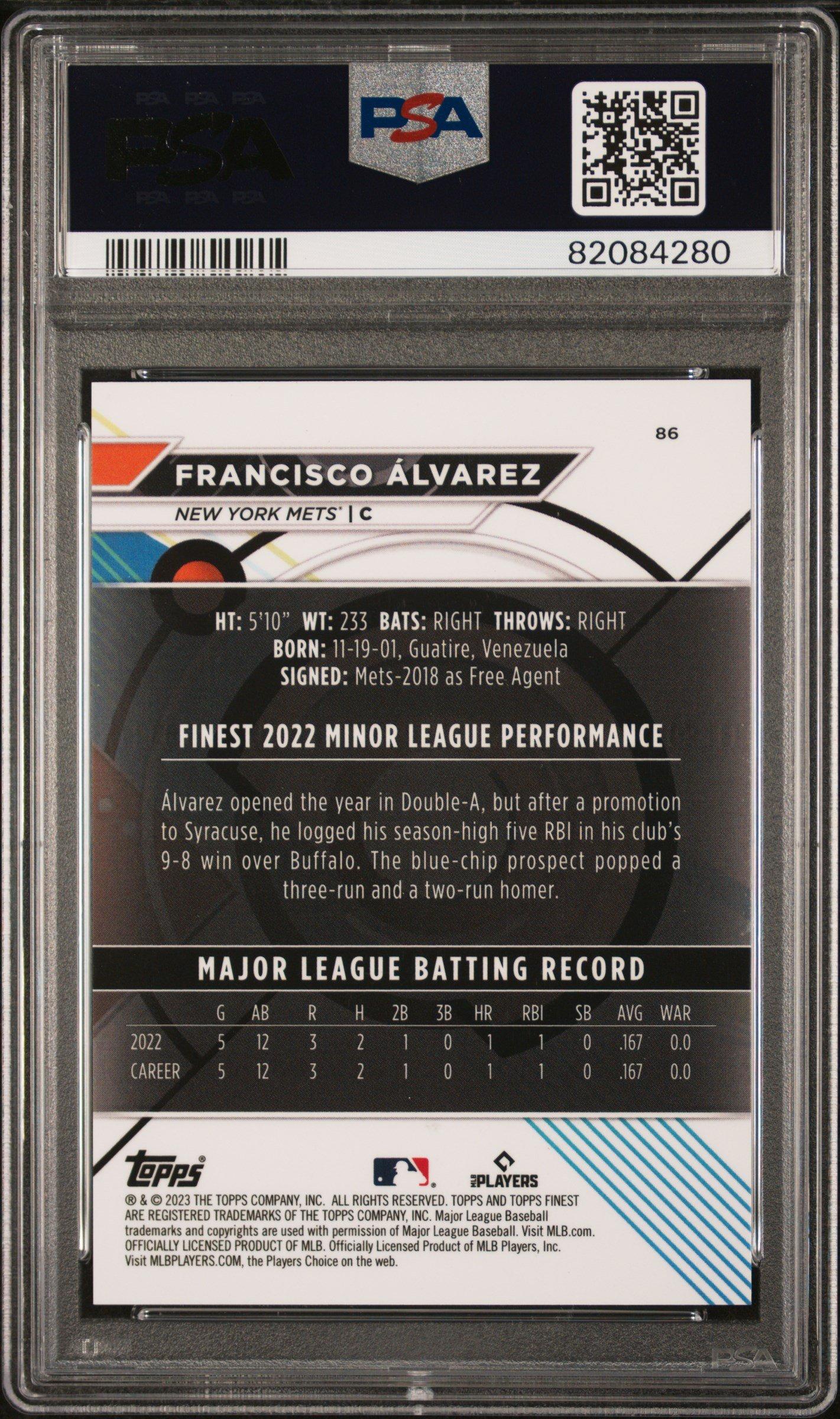 2023 Topps Finest 86 Francisco Alvarez Gold PSA 9