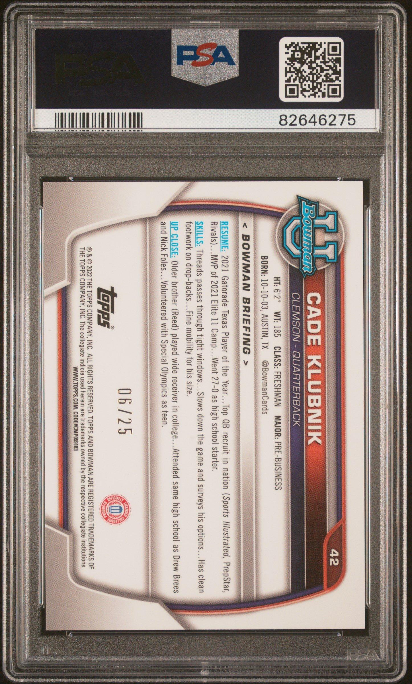 2022 Bowman University Chrome Prospects 42 Cade Klubnik Orange Shimmer Refractor PSA 10