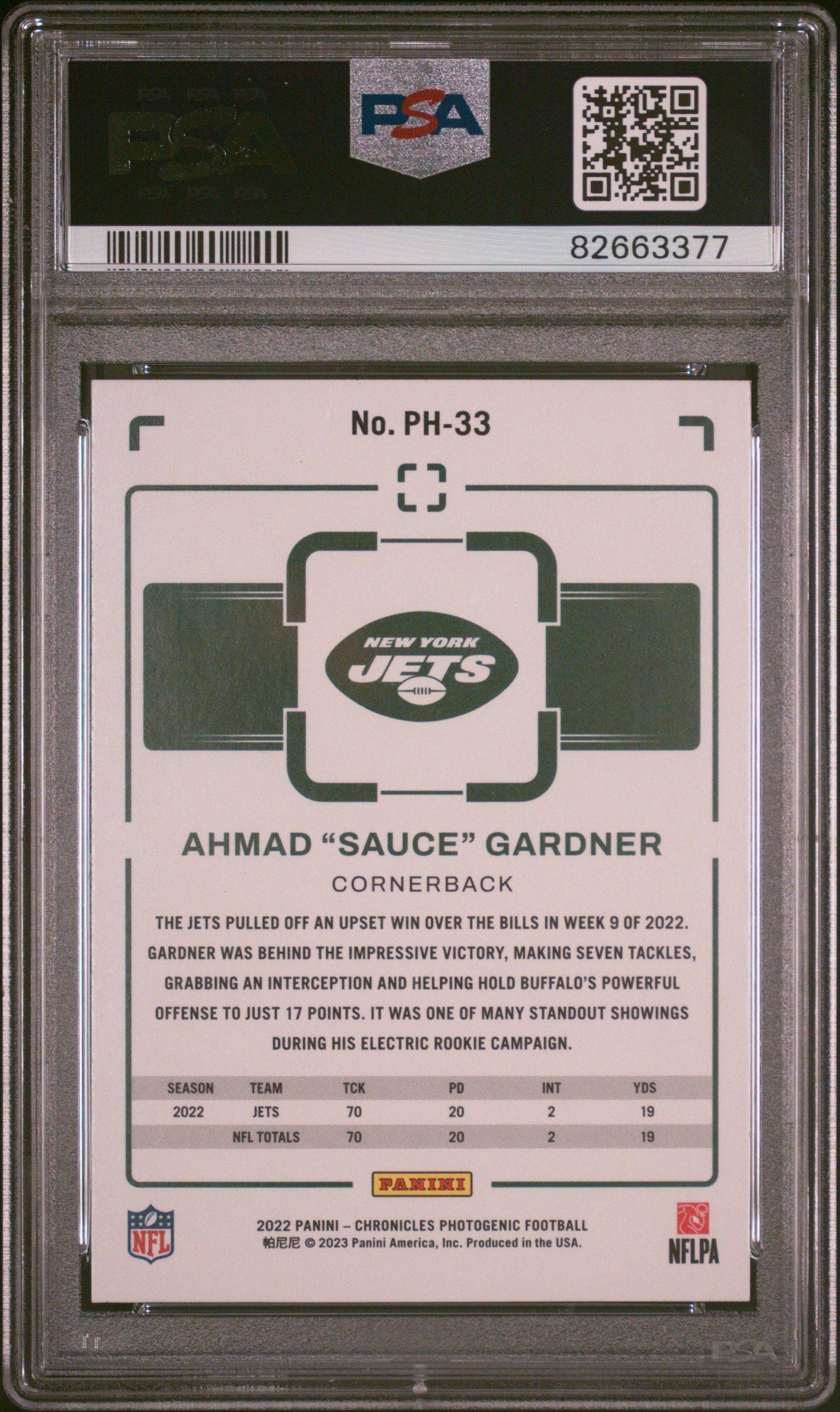 2022 Panini Chronicles Photogenic Ph33 Ahmad "sauce" Gardner PSA 10