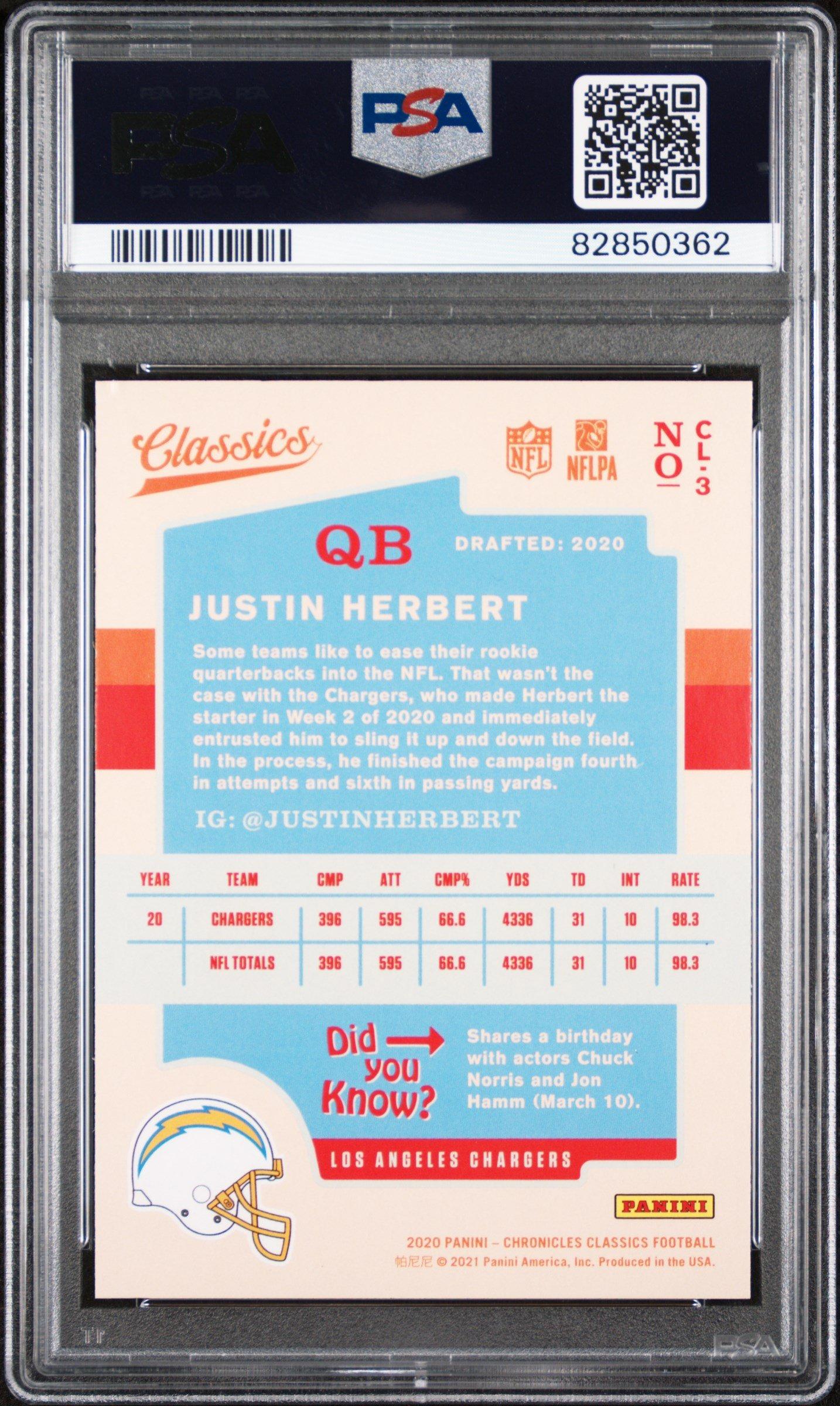 2020 Panini Chronicles Classics 3 Justin Herbert PSA 10